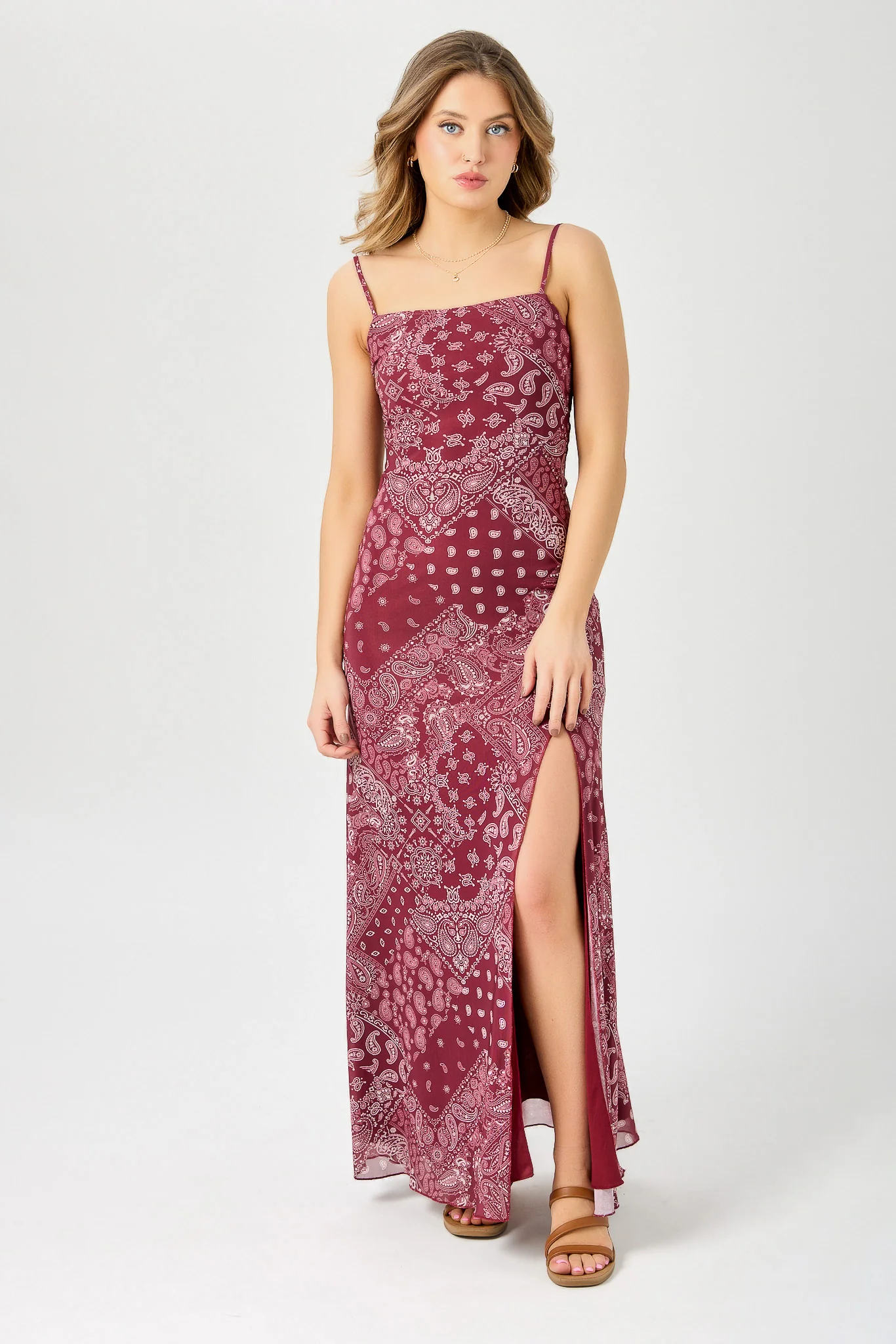 Bandana Print Mesh Spaghetti-Strap Maxi Dress with Lace-up Back