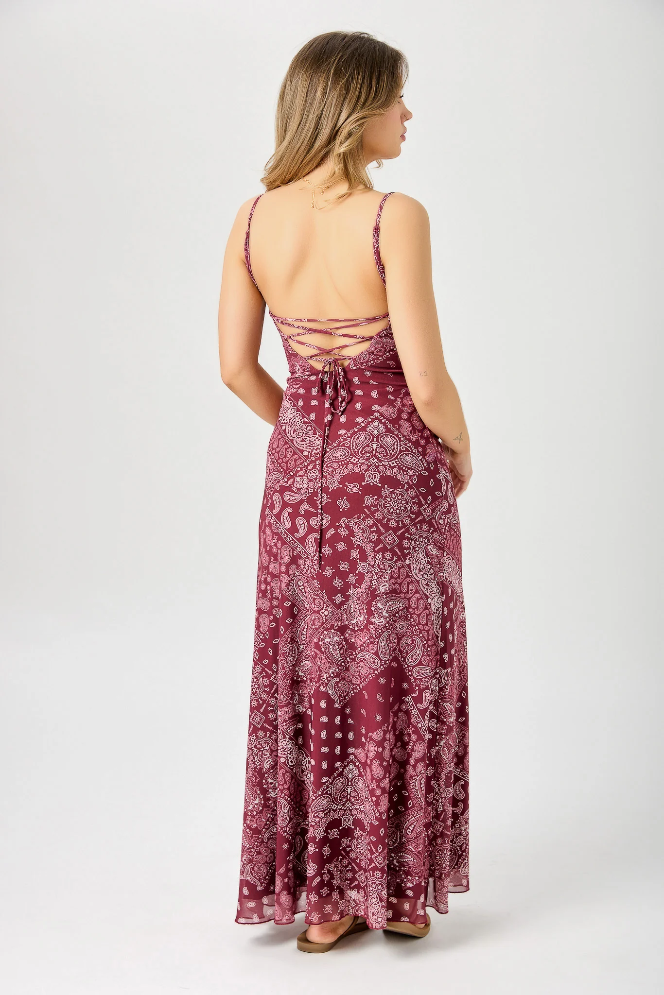 Bandana Print Mesh Spaghetti-Strap Maxi Dress with Lace-up Back - Image 2