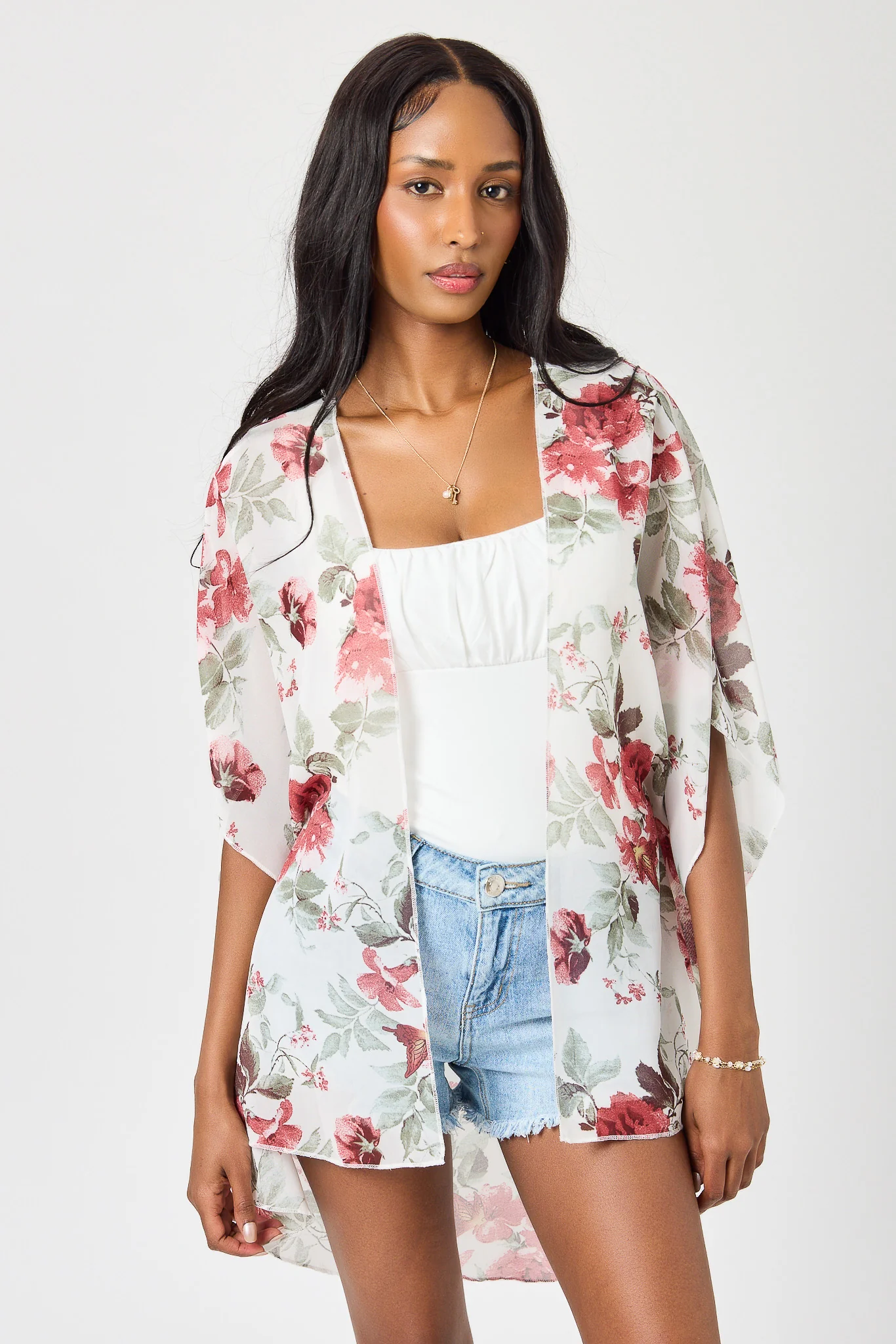 Large Floral Print Chiffon Kimono