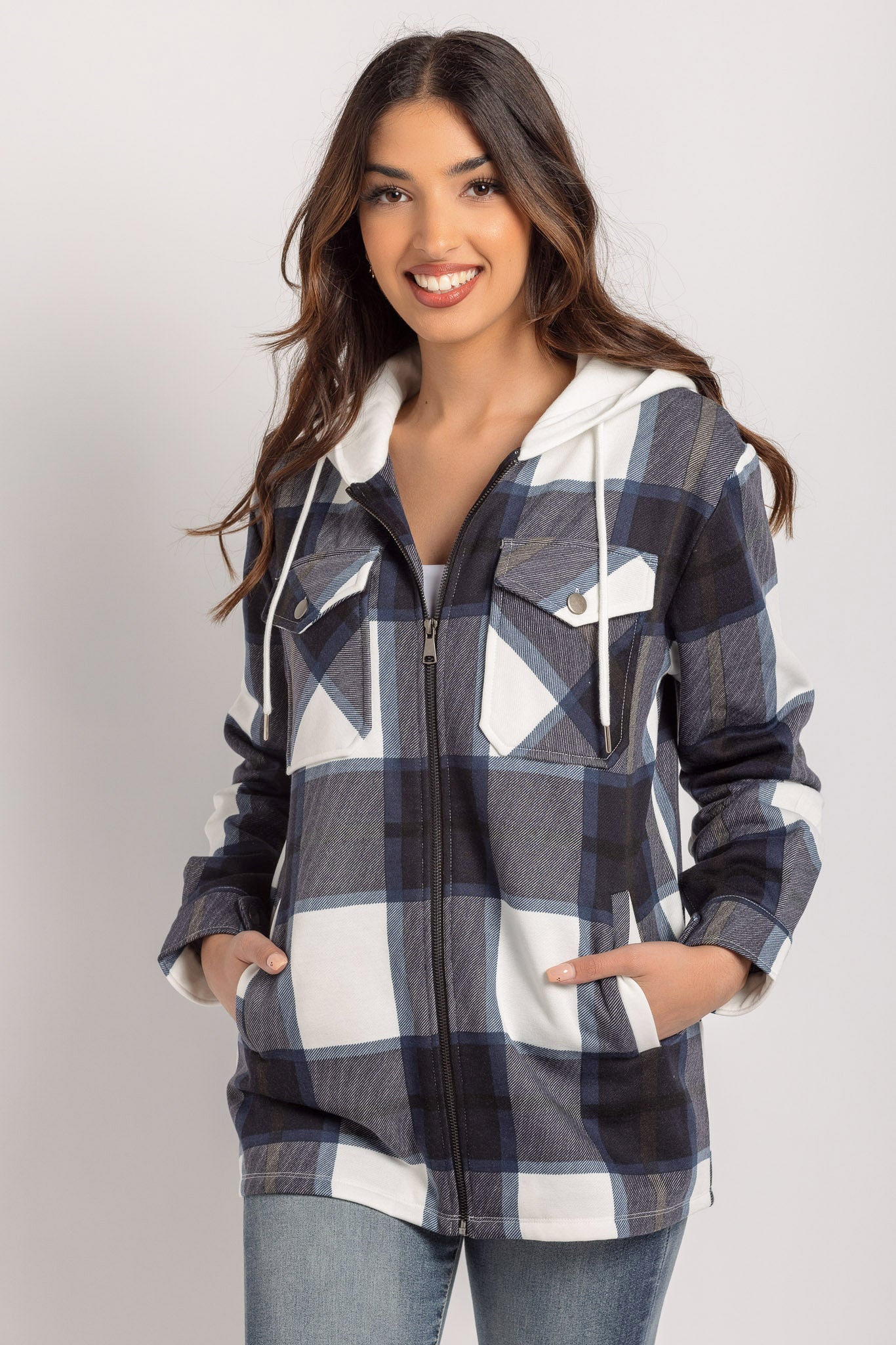 Blue Plaid Fleece Zip-Front Hooded Shirt - Image 3