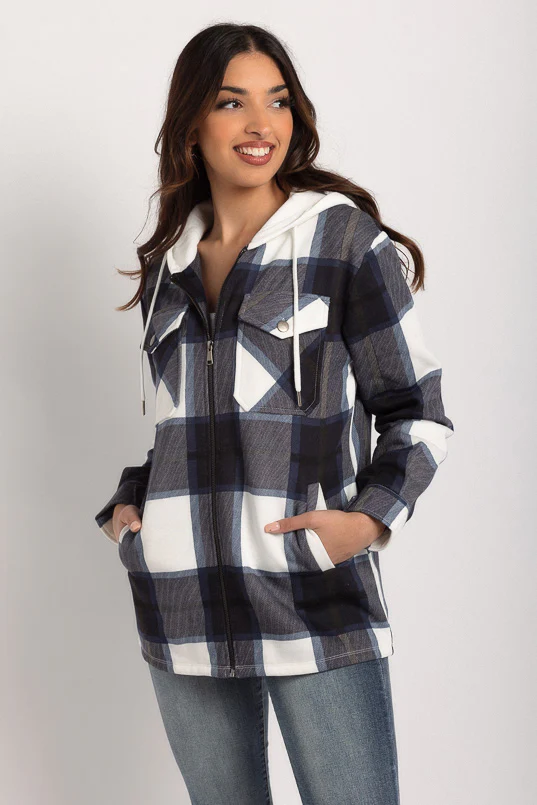 Blue Plaid Fleece Zip-Front Hooded Shirt - Image 4
