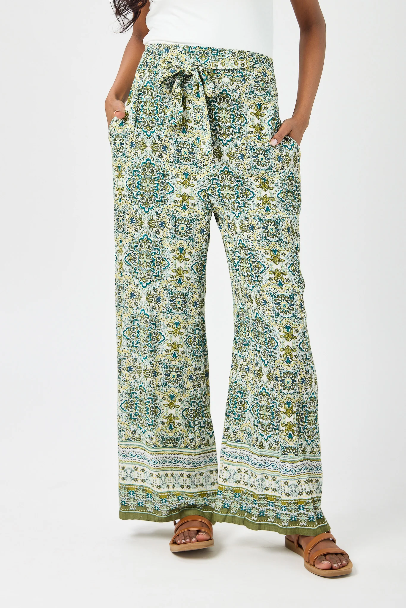 Border Print Palazzo Pant with Tie-Belt - Image 3