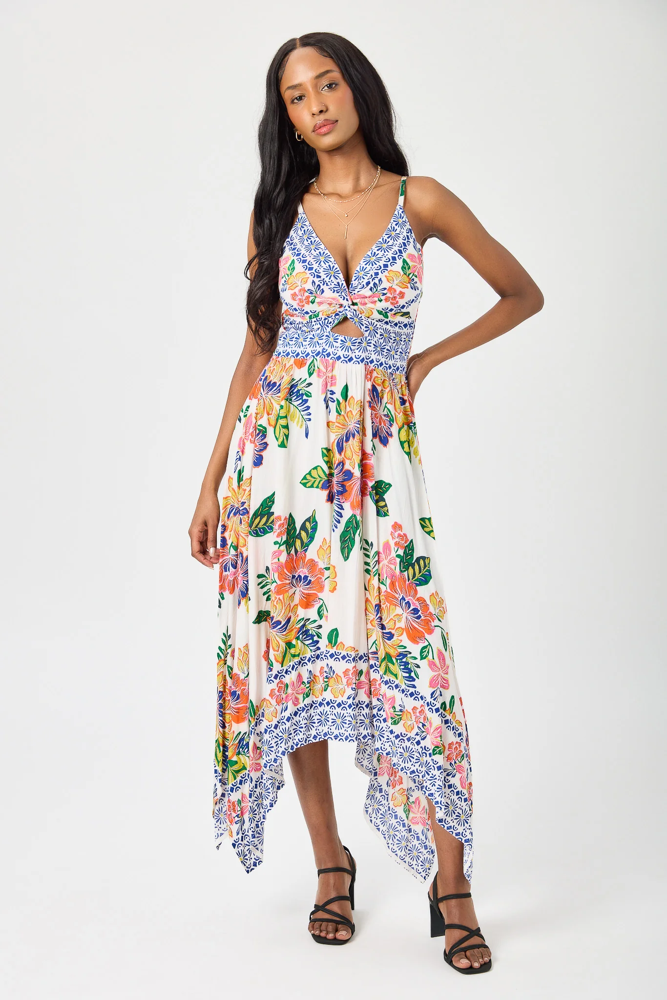 Border Print Spaghetti-Strap Twist-Front Maxi Dress with Sharkbite Hem