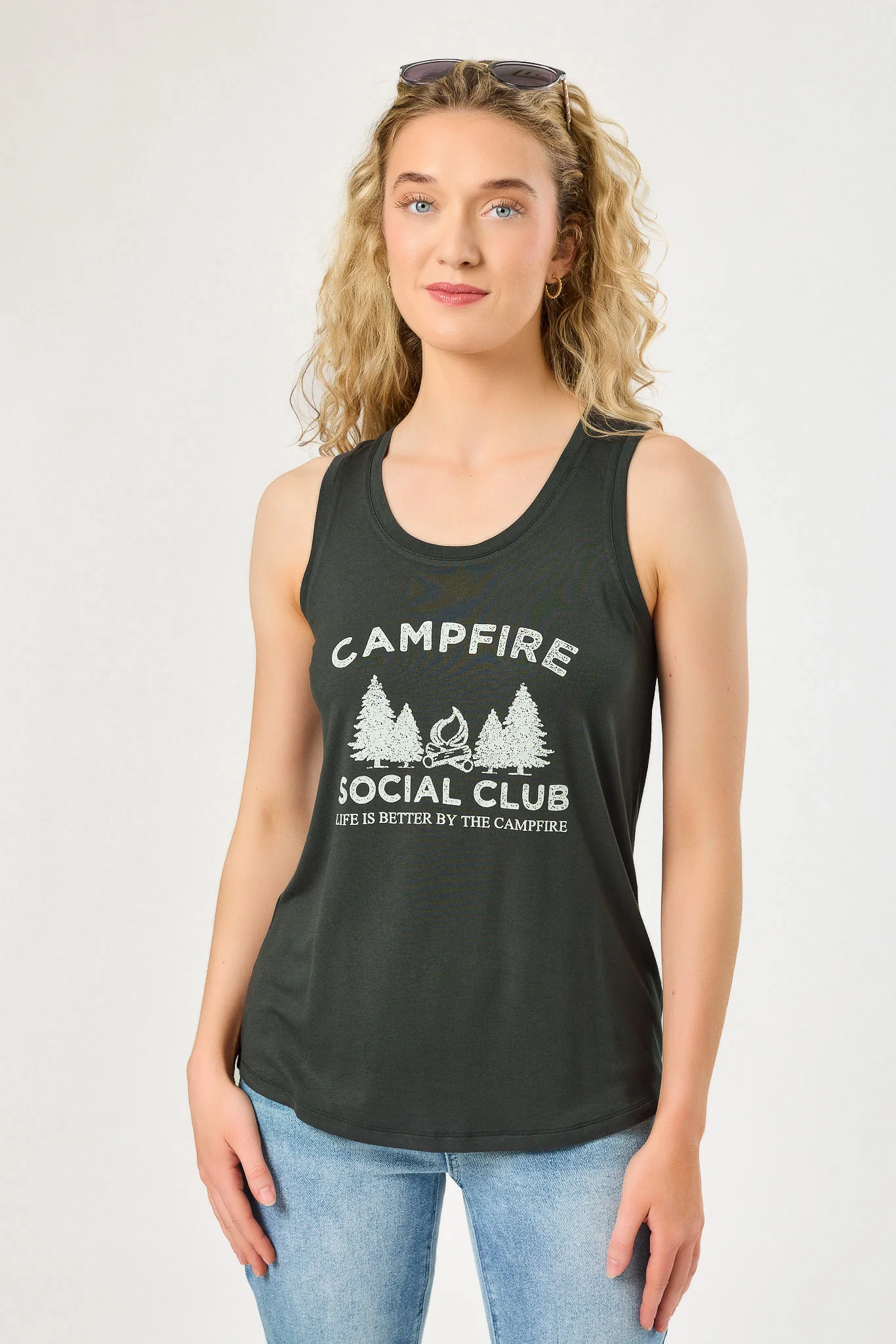 "Campfire Social Club" Graphic Scoop-Neck Tank with Shirttail Hem