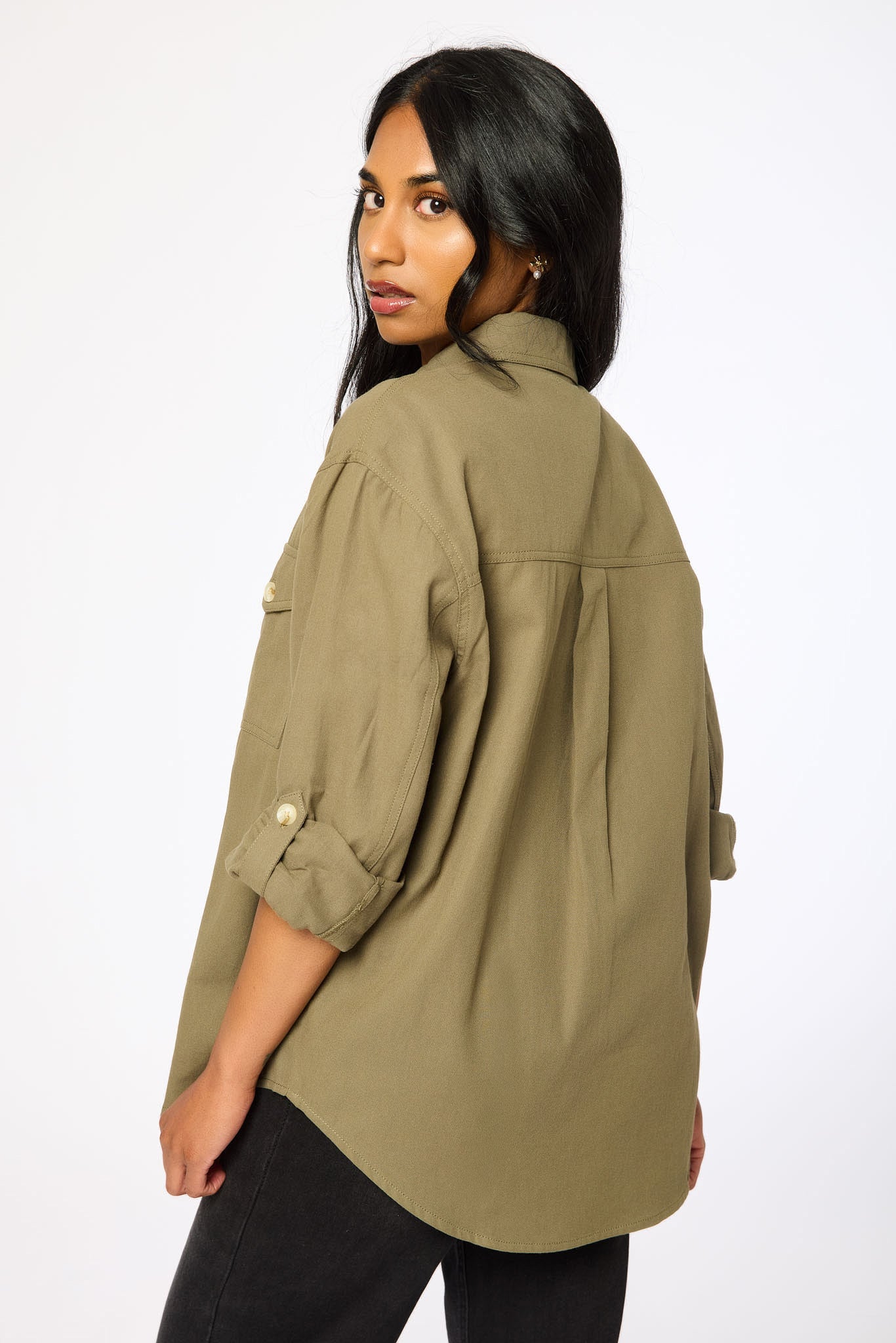 Cotton Twill Button-Up Shirt with Roll-Up Sleeves - Image 4