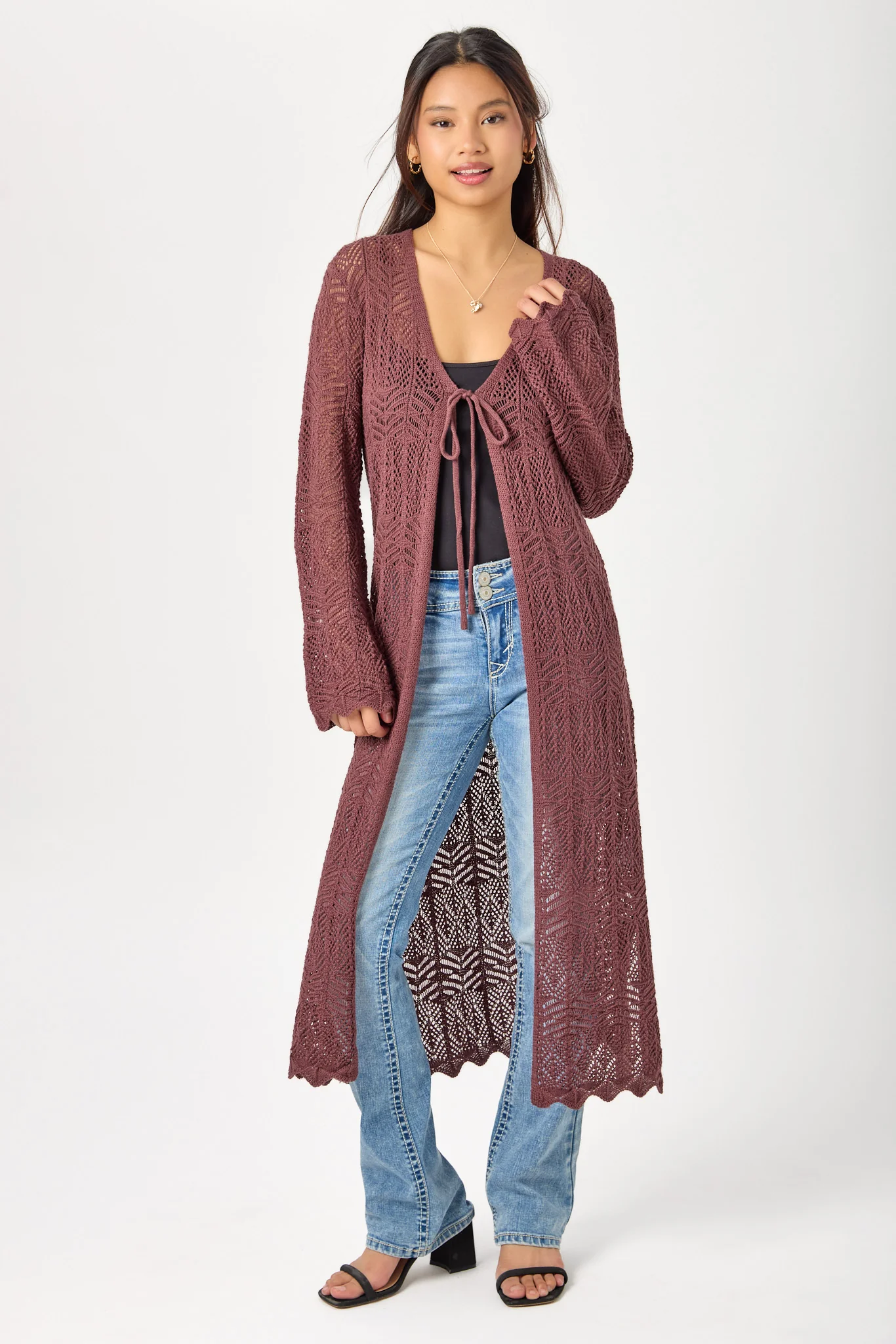 Crochet Bell-Sleeve Duster with Tie-Front - Image 3