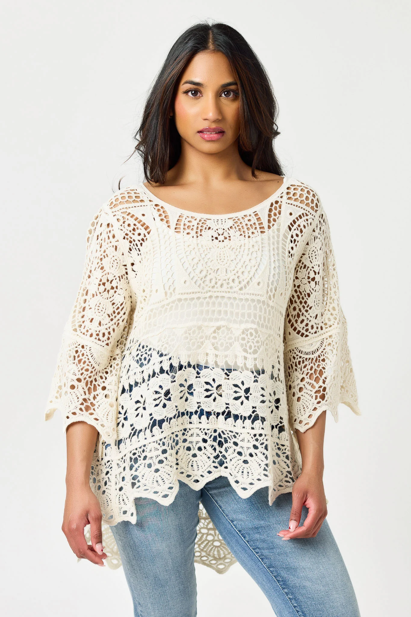 Crochet Boat-Neck High-Low Sweater