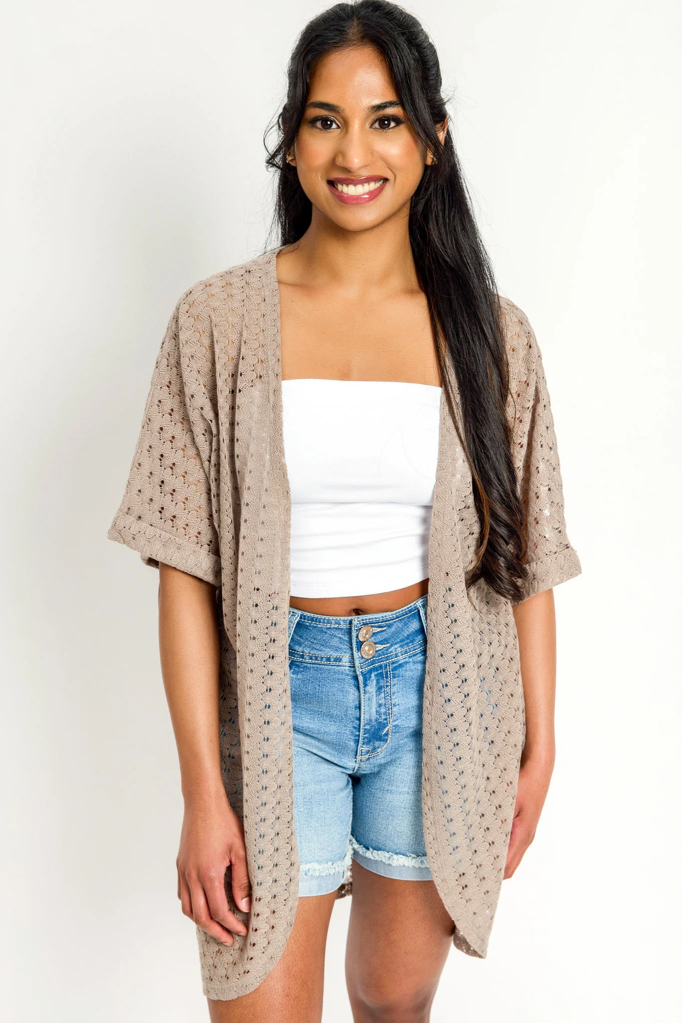 Crochet Knit Short-Sleeve Cocoon Cardigan