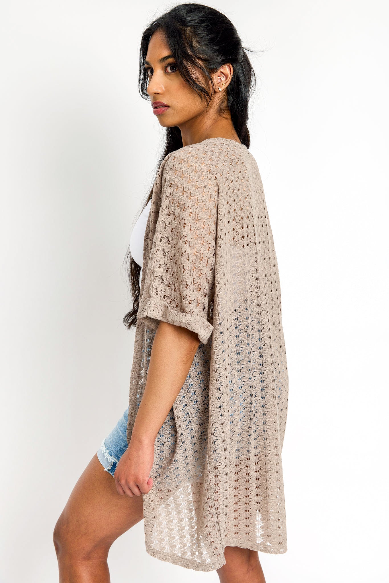Crochet Knit Short-Sleeve Cocoon Cardigan - Image 2