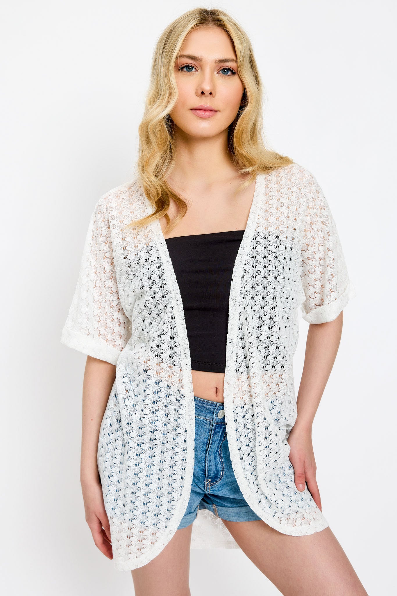 Crochet Knit Short-Sleeve Cocoon Cardigan - Image 3