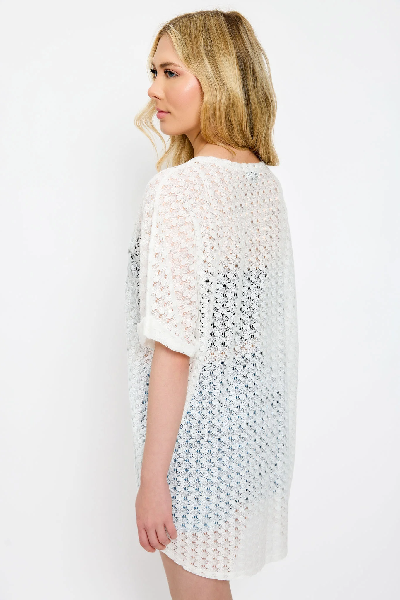 Crochet Knit Short-Sleeve Cocoon Cardigan - Image 4
