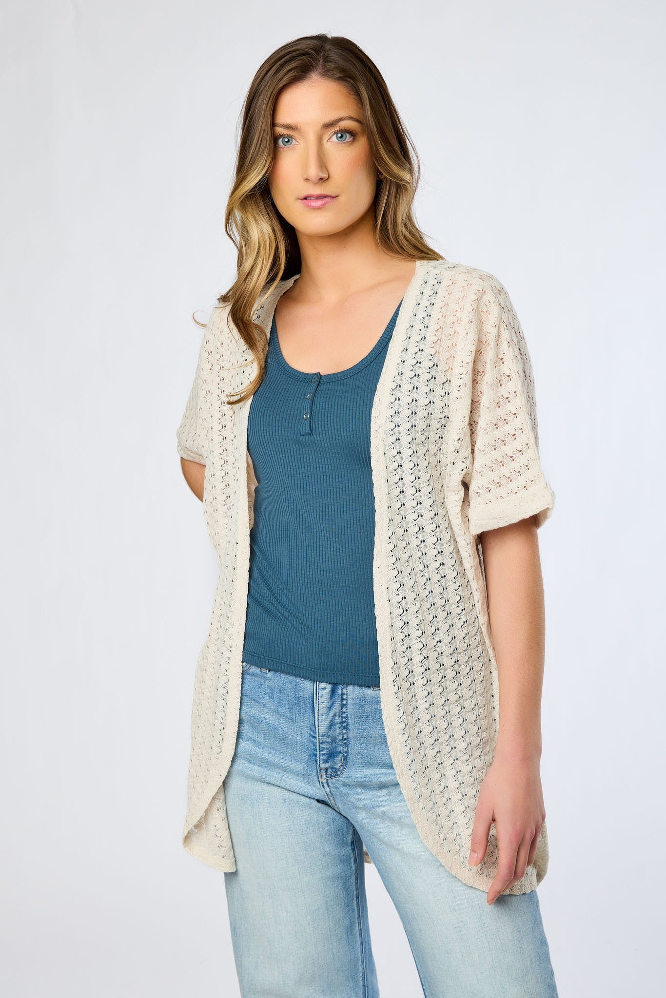 Crochet Knit Short-Sleeve Cocoon Cardigan - Image 5