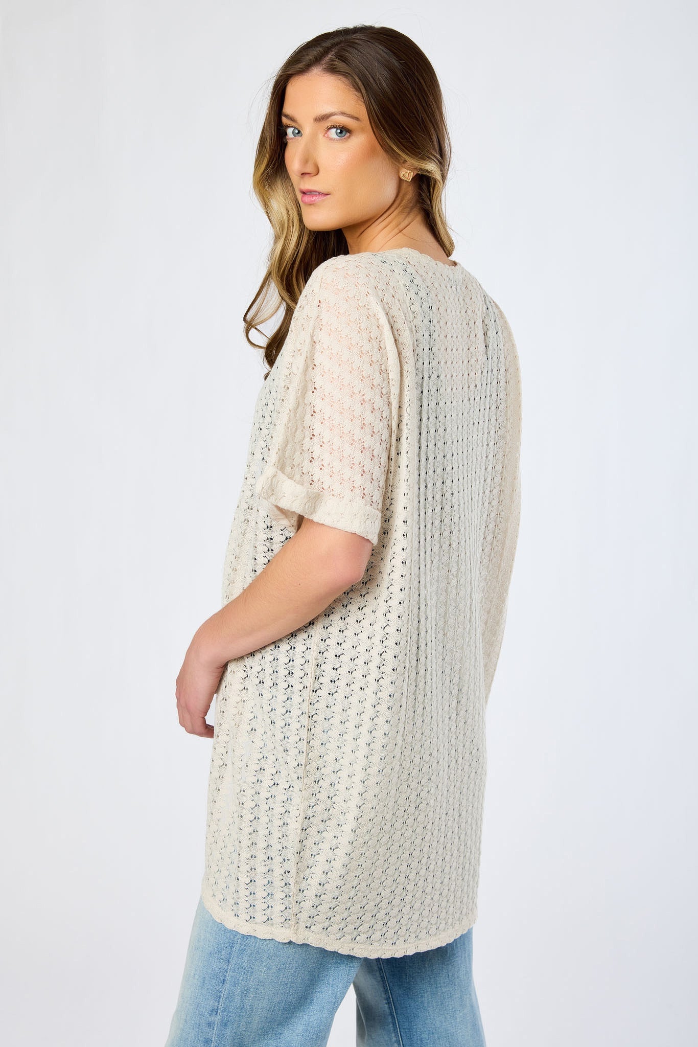 Crochet Knit Short-Sleeve Cocoon Cardigan - Image 6