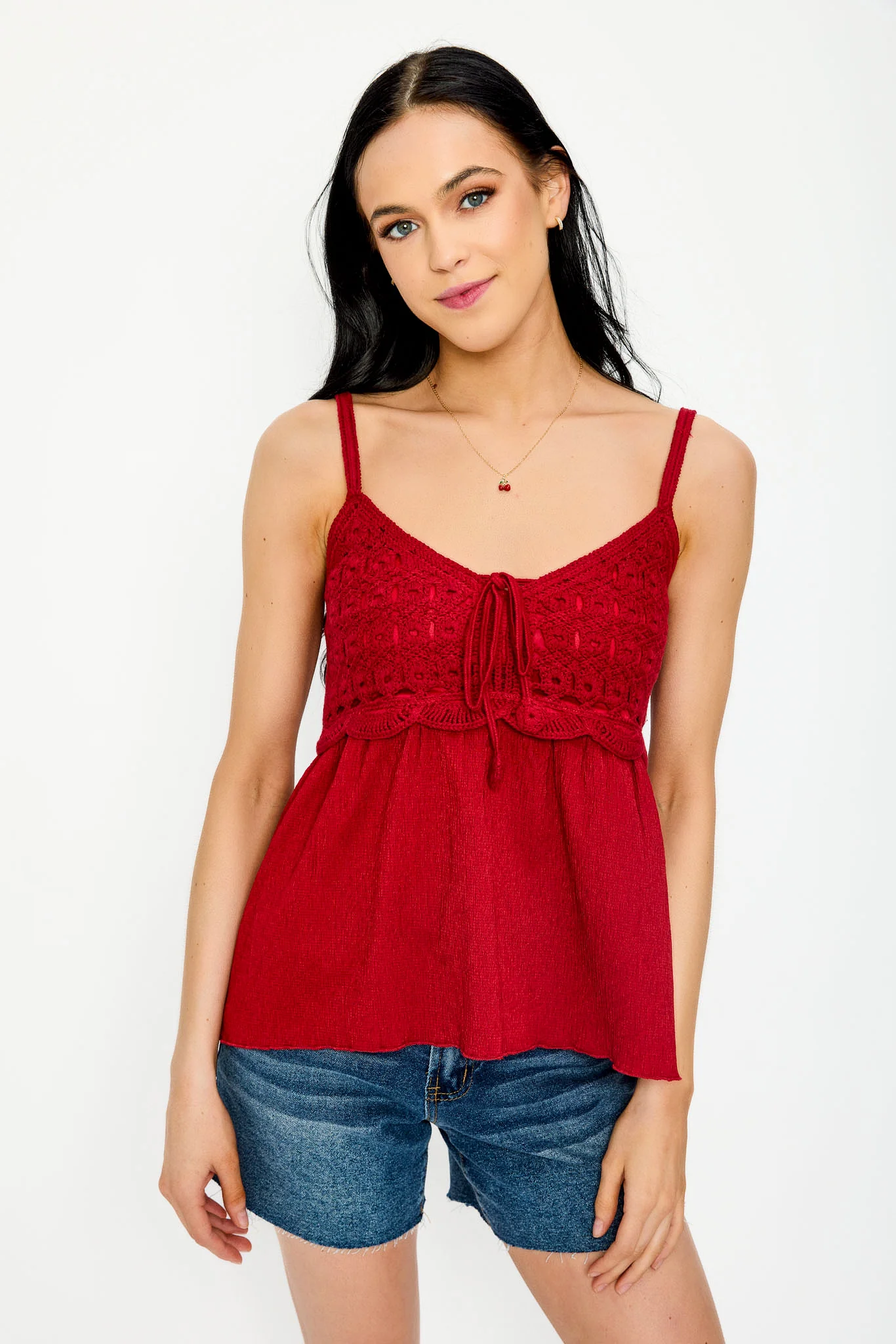 Crochet Spaghetti Strap V-Neck Babydoll Top - Image 3
