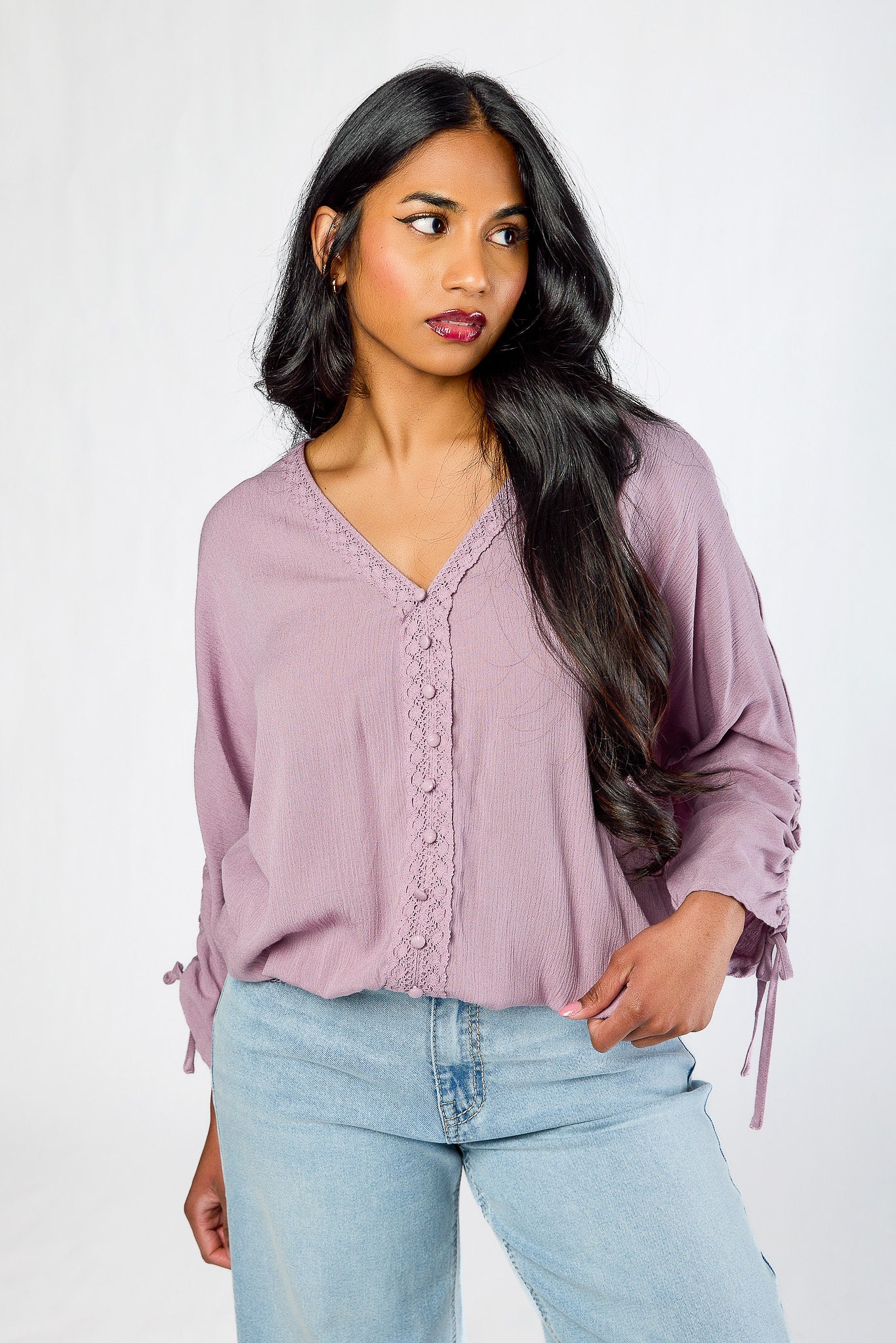 Crochet-Trim Rayon Gauze V-Neck Top - Image 3