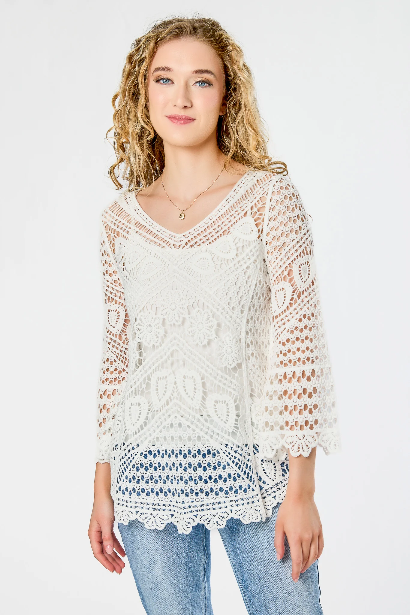 Crochet V-Neck Tunic Length Sweater - Image 3