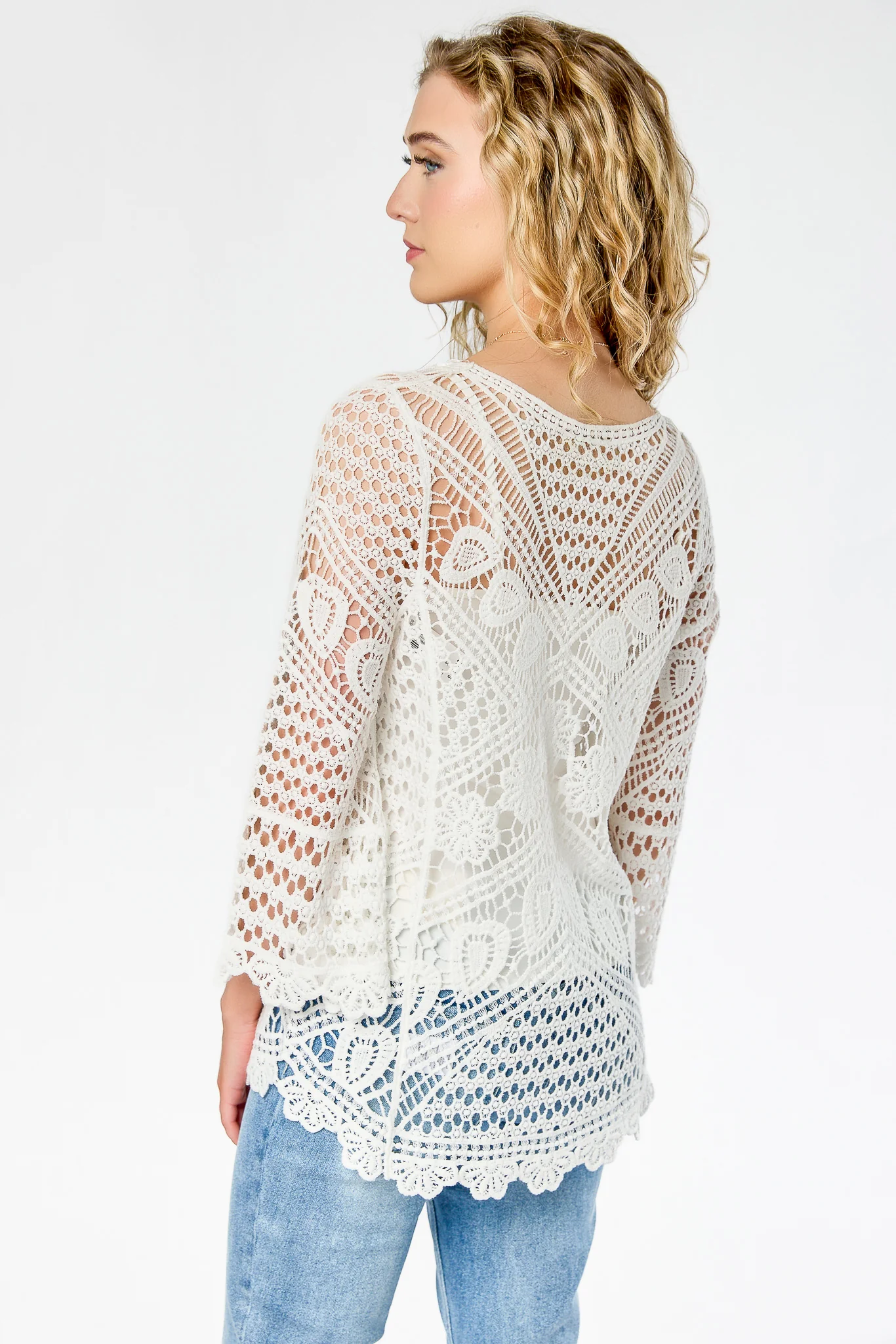 Crochet V-Neck Tunic Length Sweater - Image 4