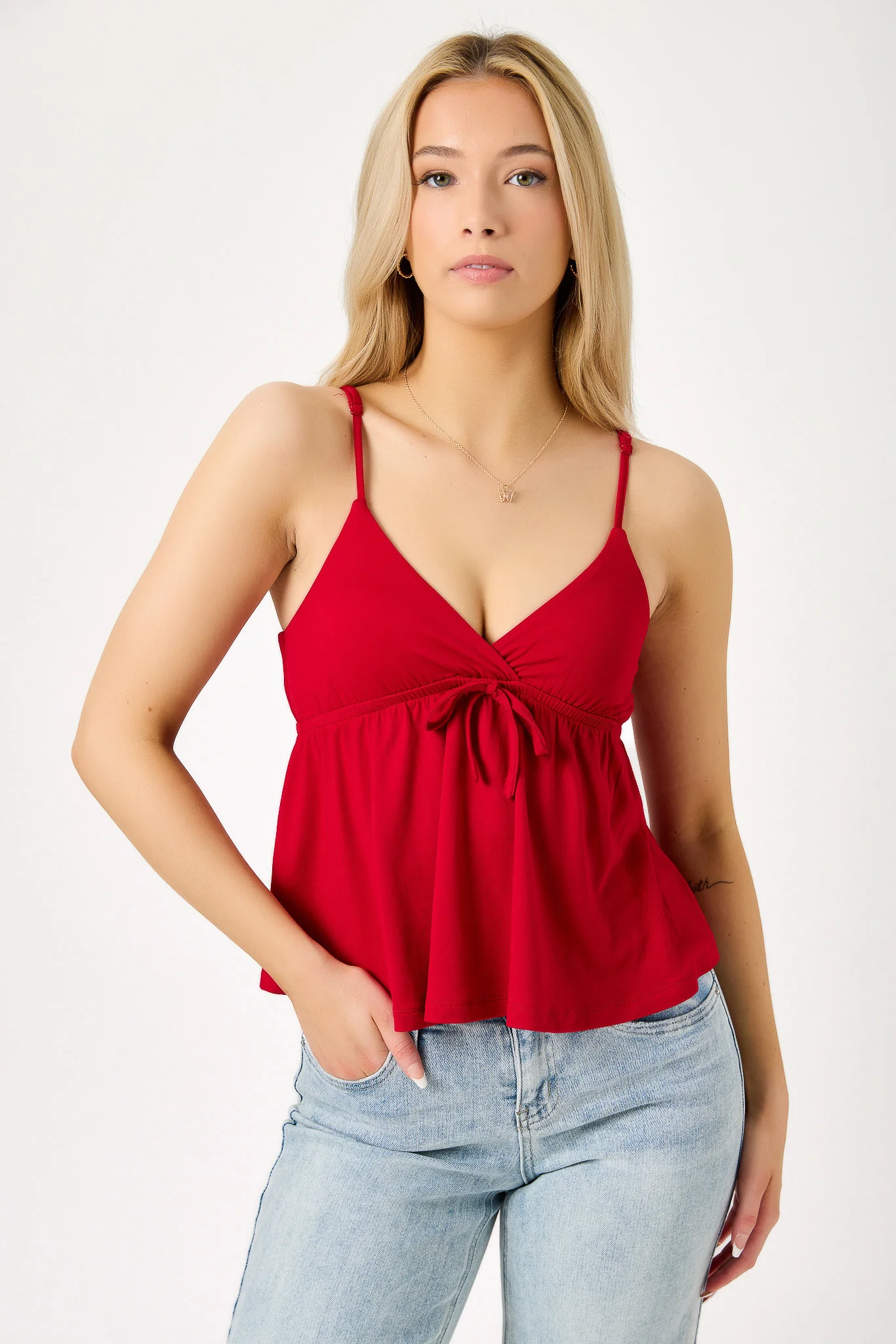 Crossover V-Neck Spaghetti Strap Babydoll Top - Image 8