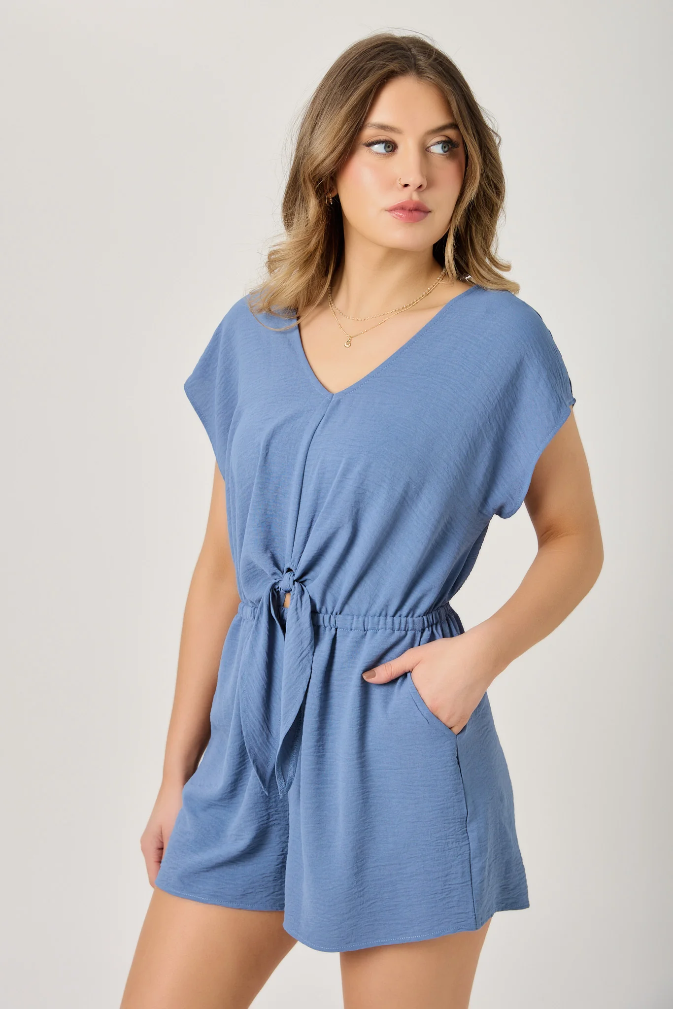 Dolman-Sleeve V-Neck Romper with Tie-Front Detail - Image 11
