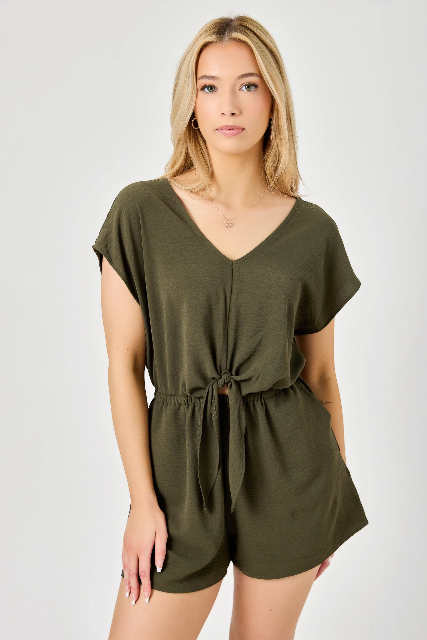 Dolman-Sleeve V-Neck Romper with Tie-Front Detail - Image 5