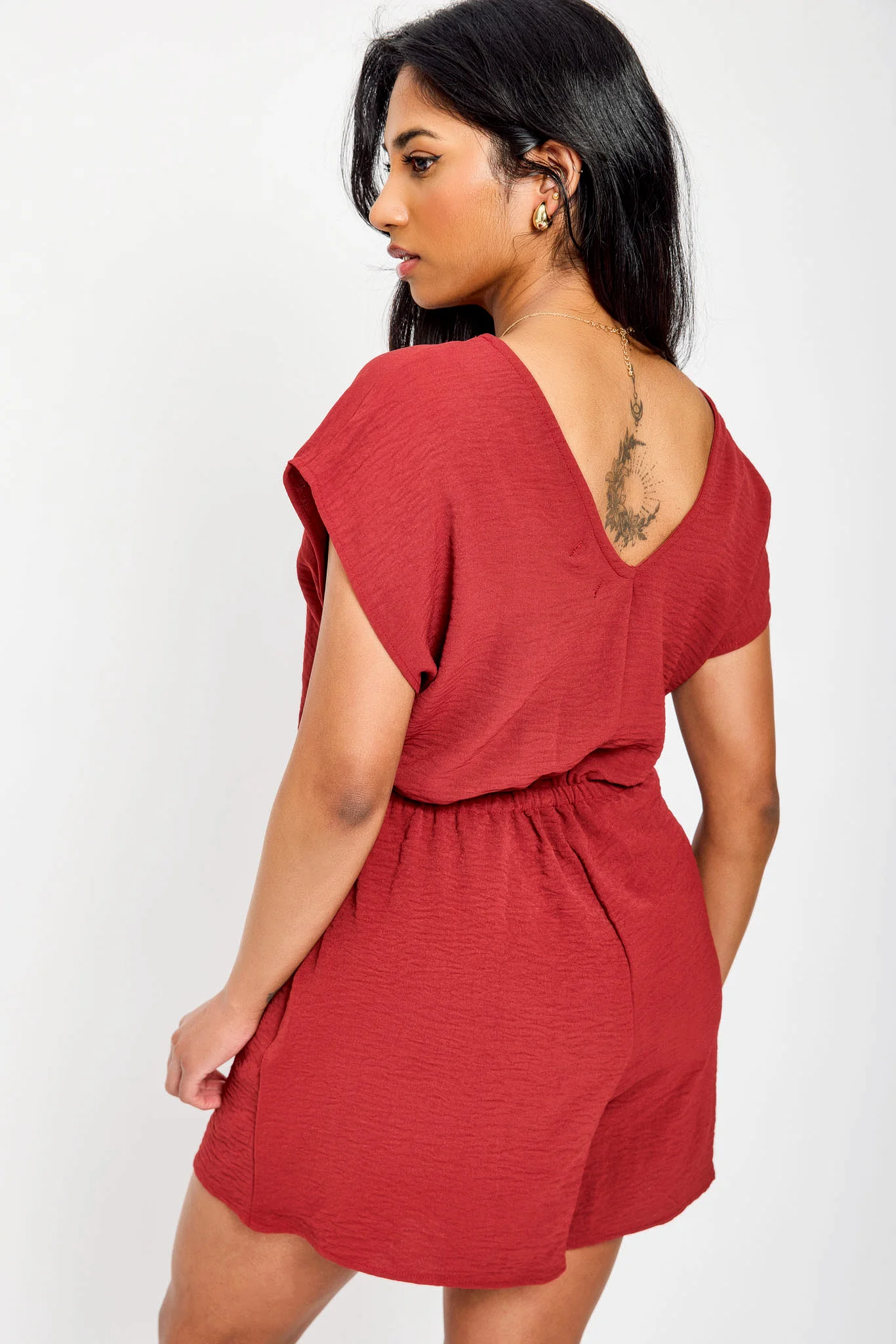 Dolman-Sleeve V-Neck Romper with Tie-Front Detail - Image 7