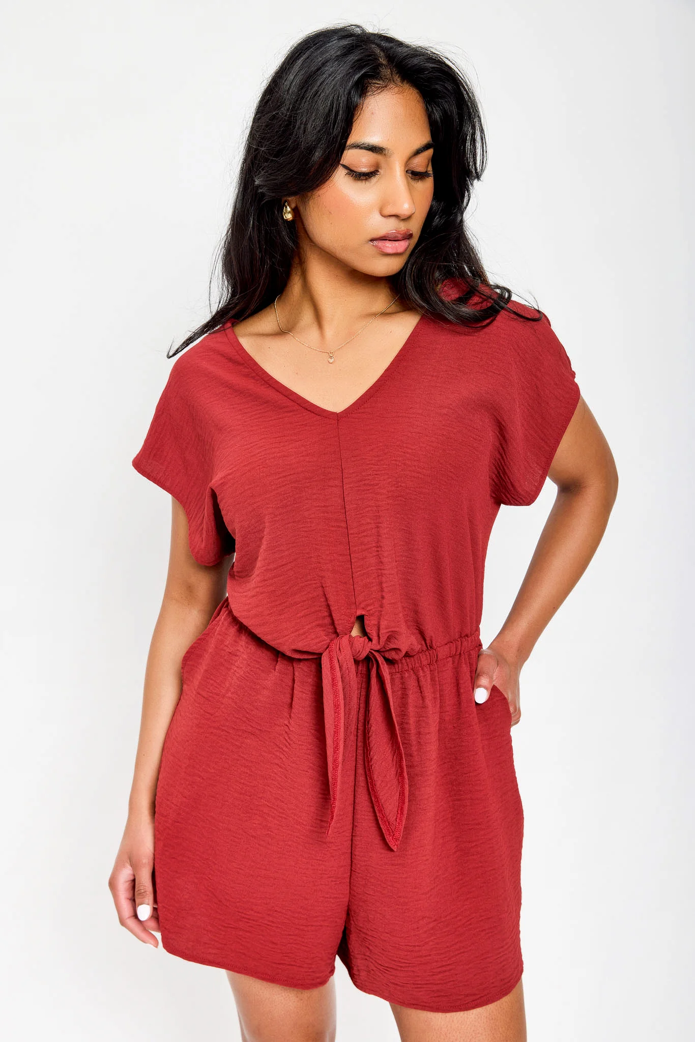 Dolman-Sleeve V-Neck Romper with Tie-Front Detail - Image 8