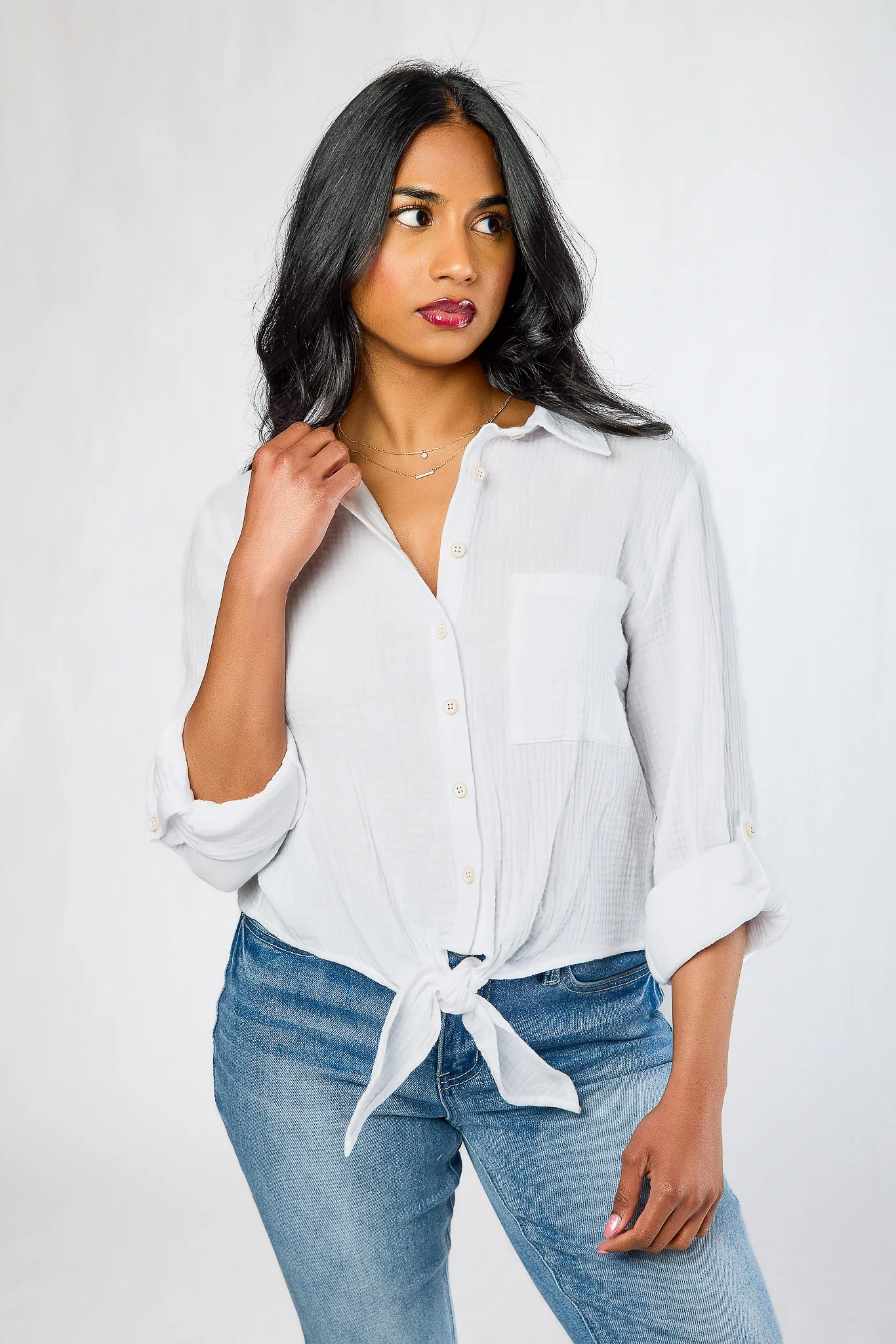 Double Cotton Tie-Front Shirt with Roll-Up Sleeve