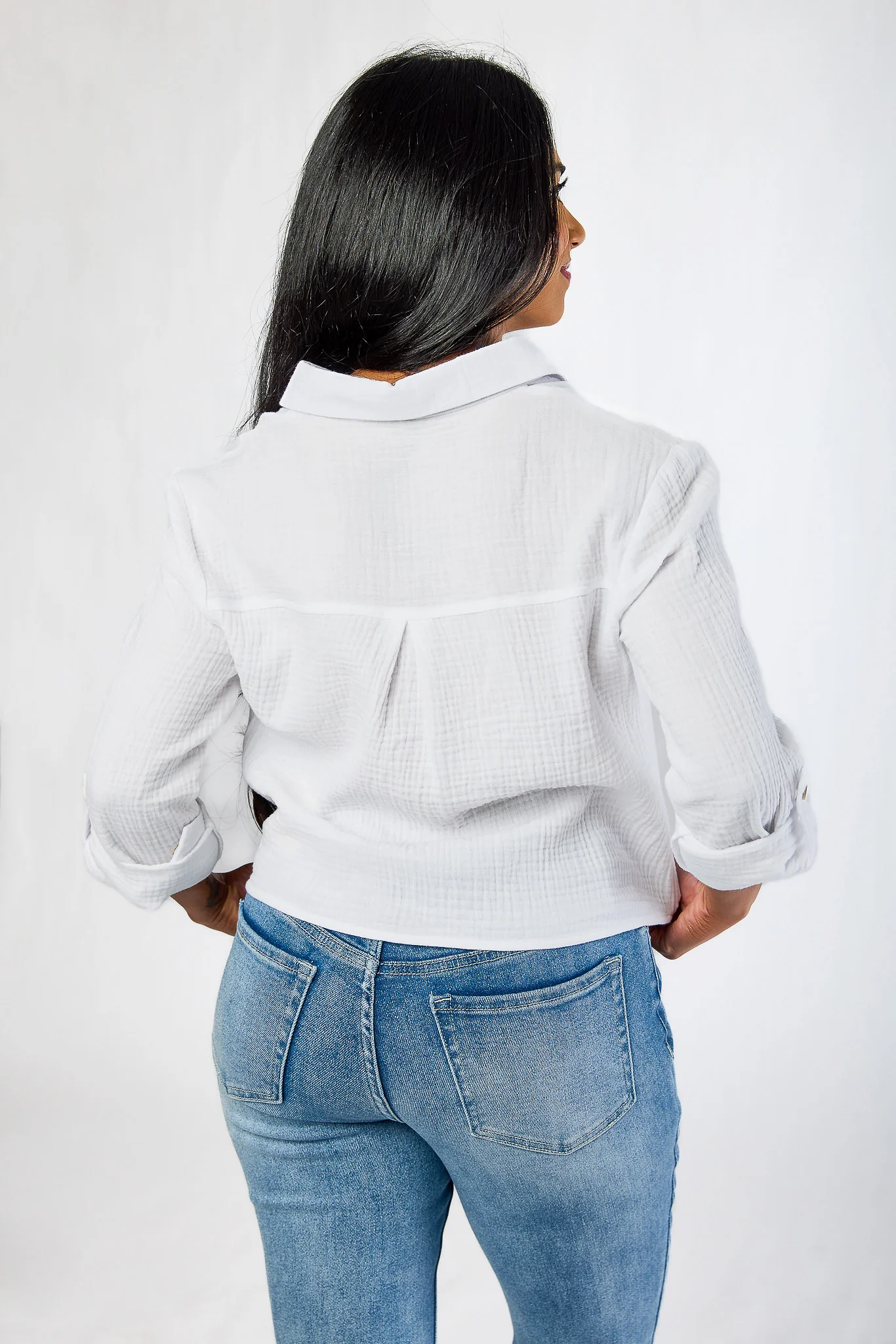 Double Cotton Tie-Front Shirt with Roll-Up Sleeve - Image 2