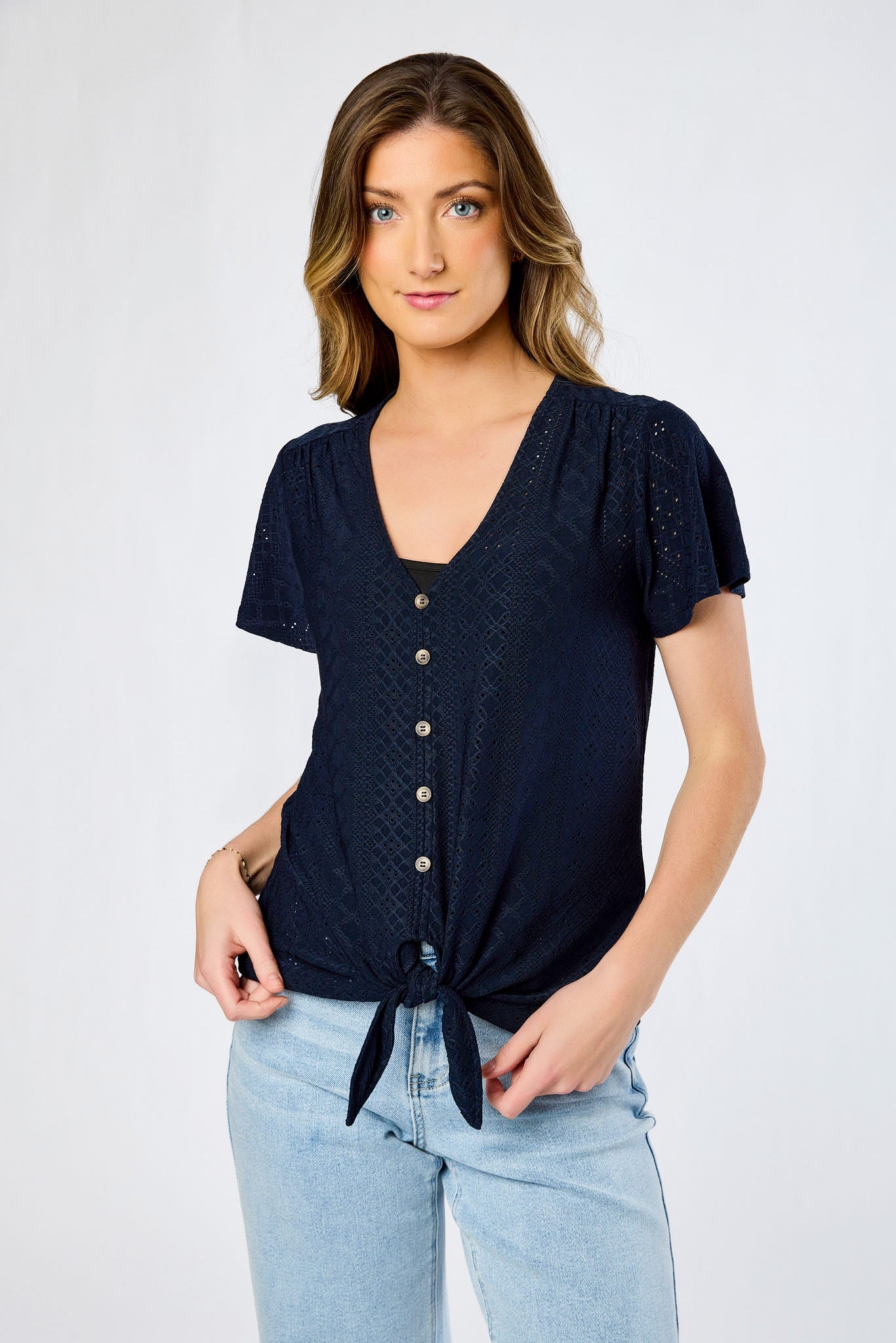 Eyelet-Knit Short-Sleeve Tie-Front Top - Image 3