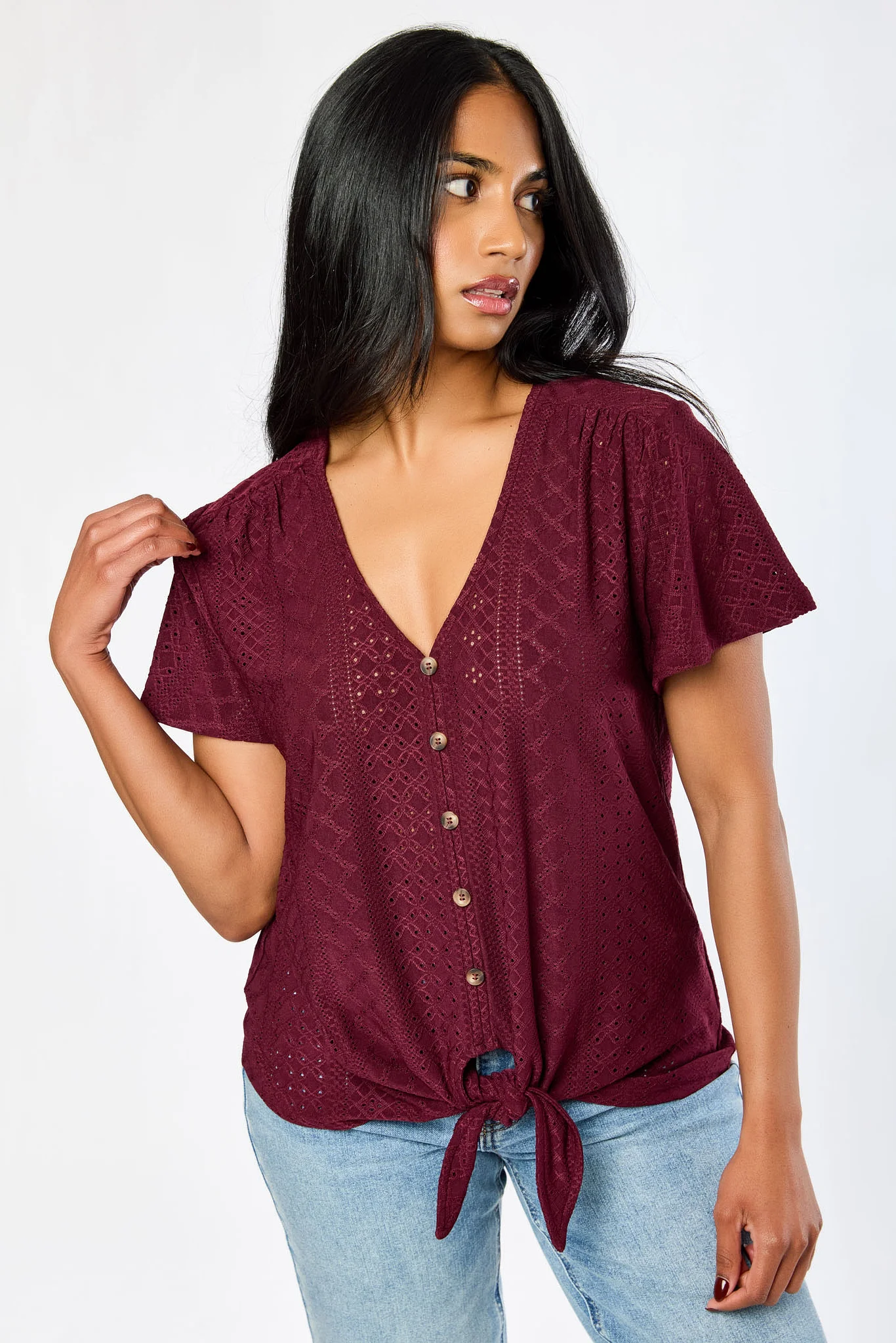 Eyelet-Knit Short-Sleeve Tie-Front Top - Image 5