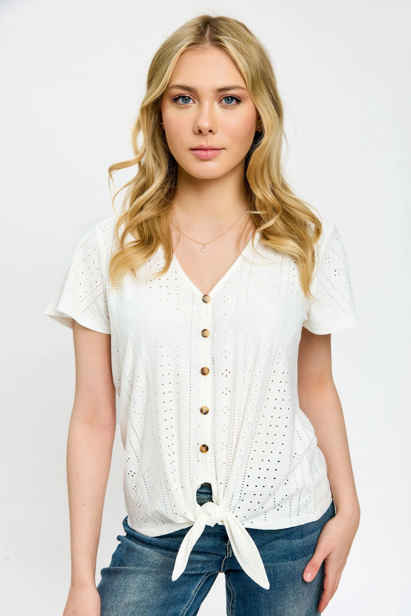 Eyelet-Knit Short-Sleeve Tie-Front Top - Image 7