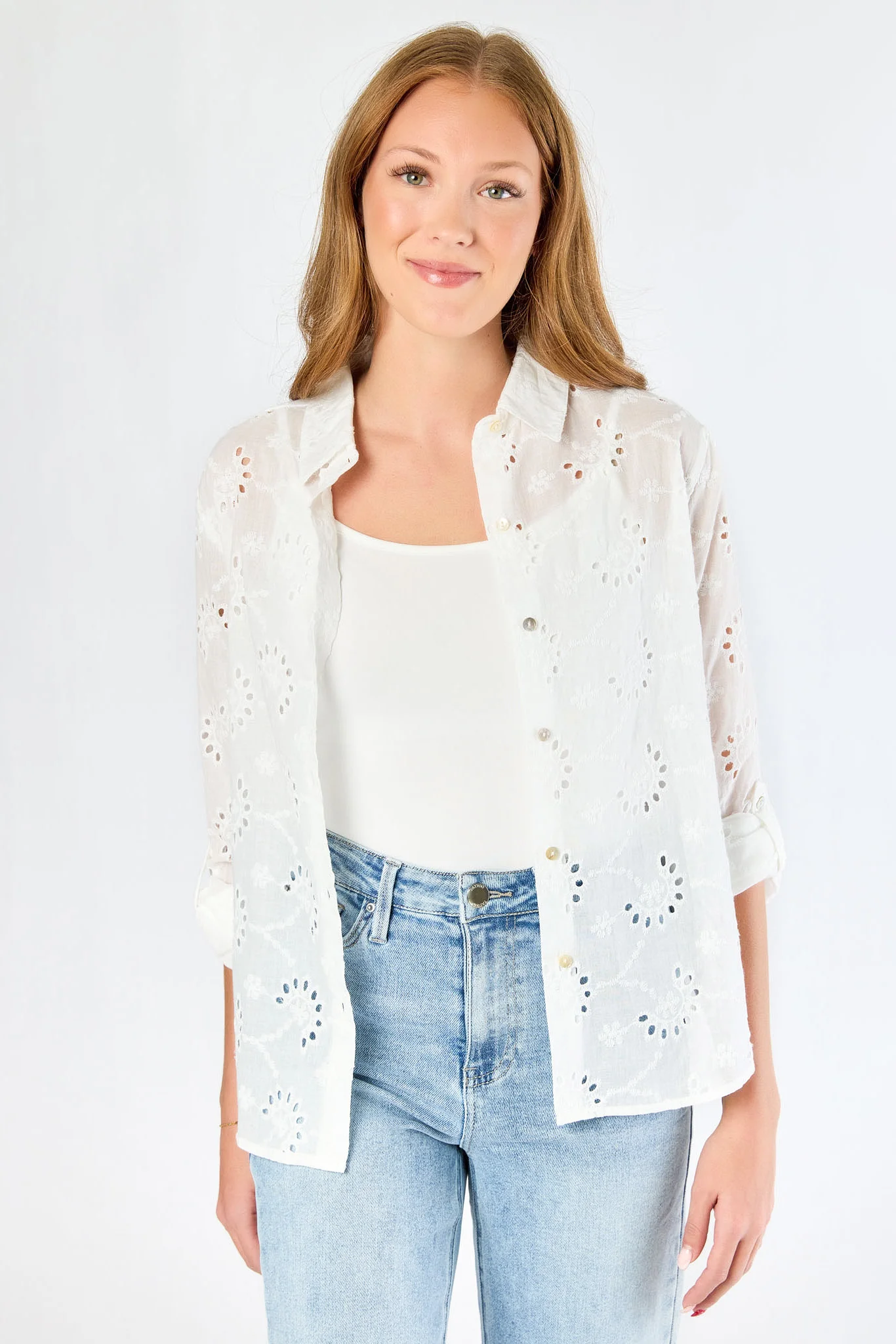 Eyelet Roll-Sleeve Shirt - Image 3