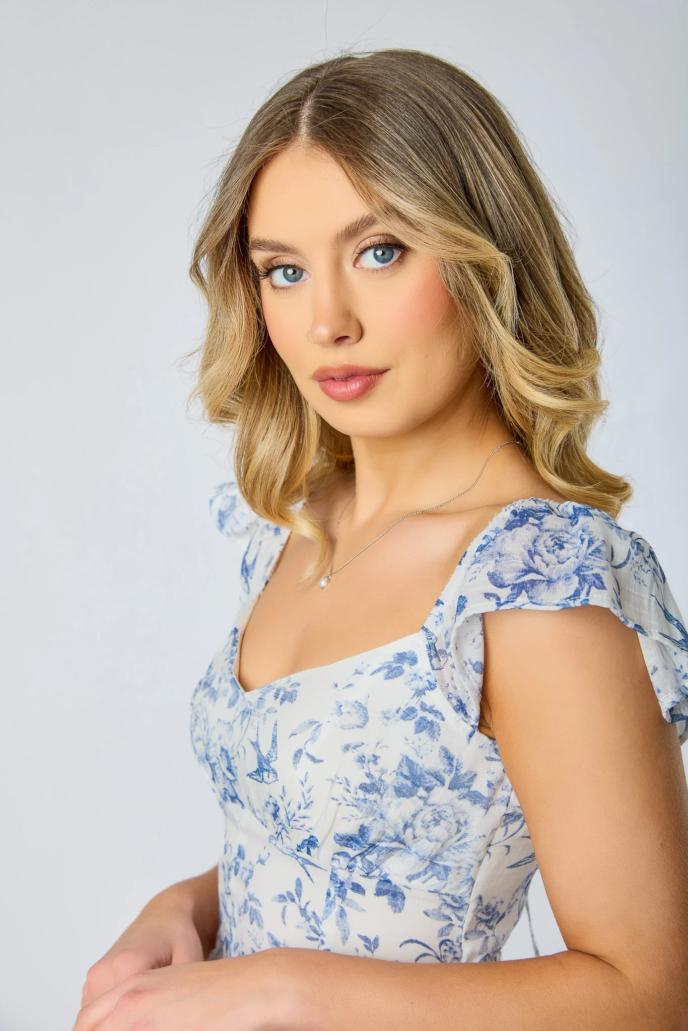 Floral & Bird Crosshatch Midi Dress with Flutter Sleeves - Image 3