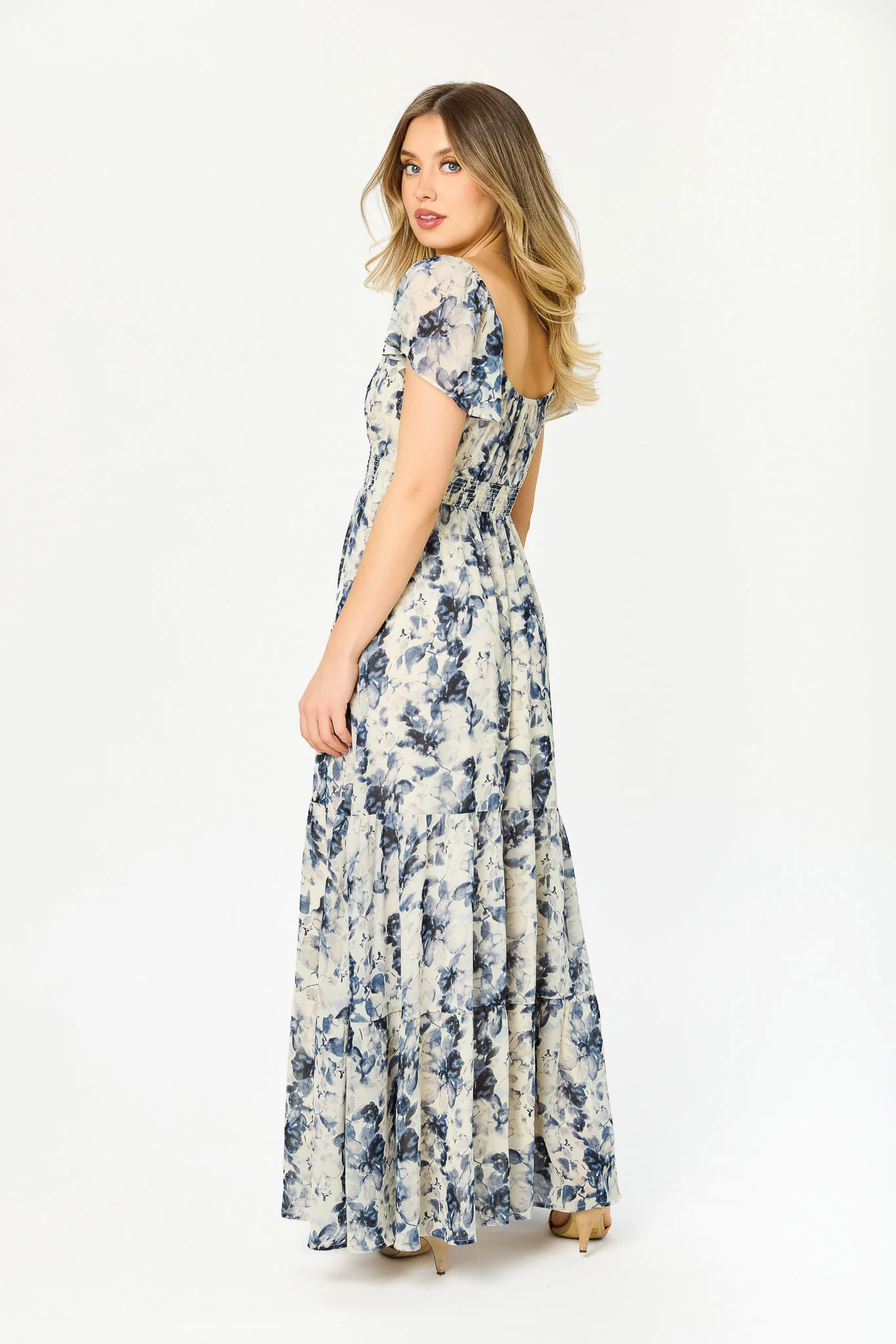 Floral Chiffon V-Neck Flutter-Sleeve Maxi Dress with Smocked Waist - Image 3