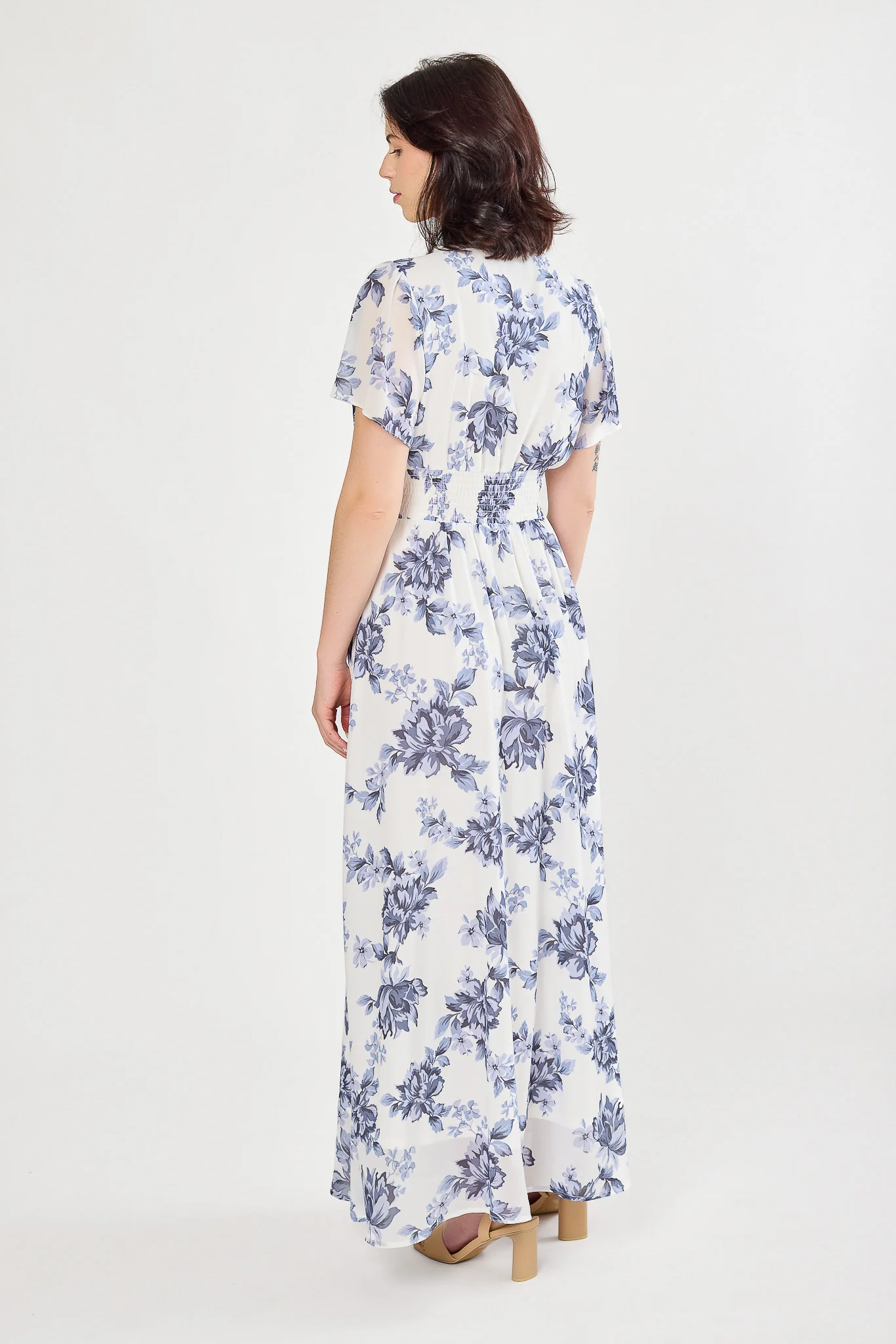 Floral Chiffon V-Neck Flutter Sleeve Maxi Dress with Smocked Waist - Image 2