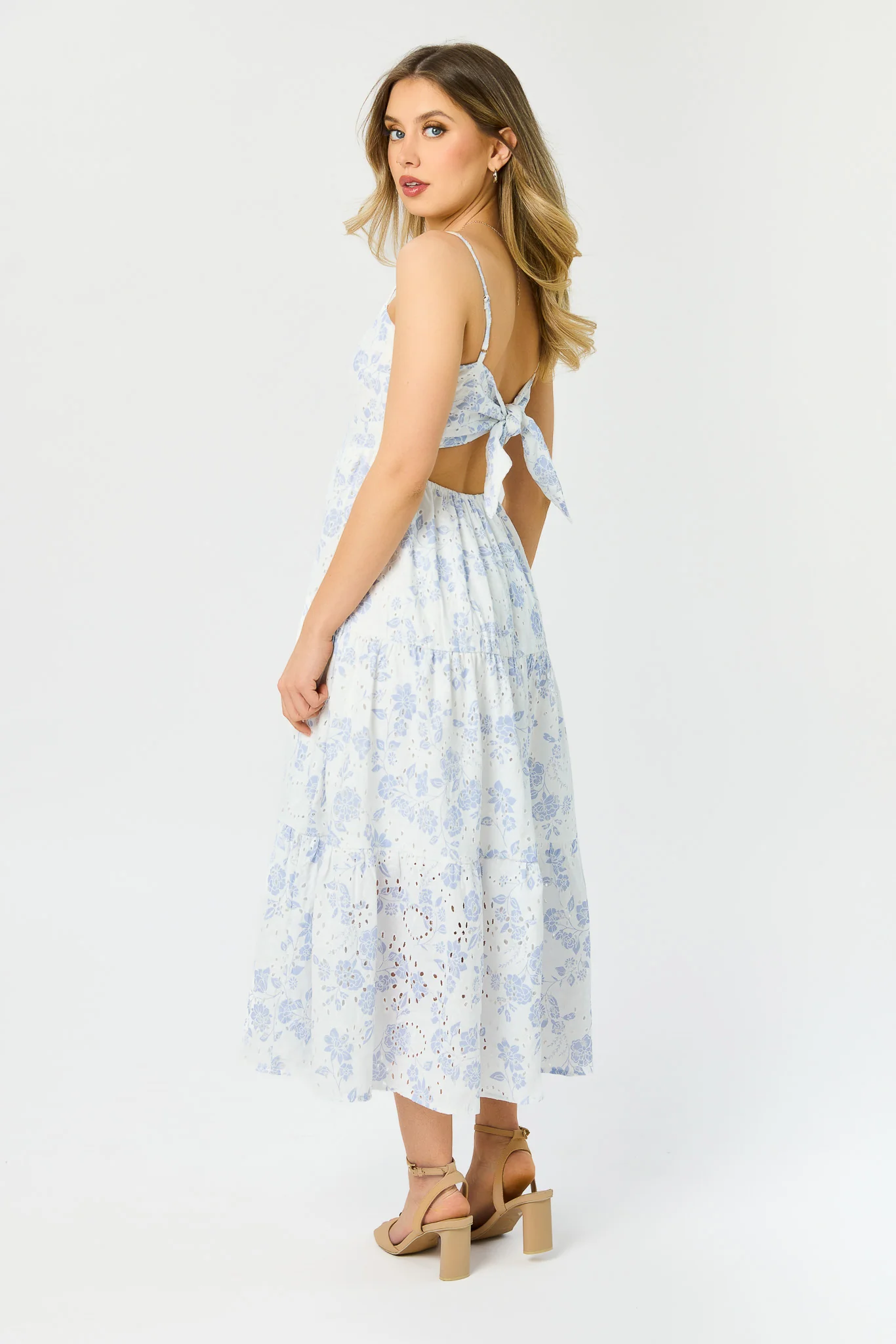 Floral Eyelet Midi Dress with Tie-Back - Image 3
