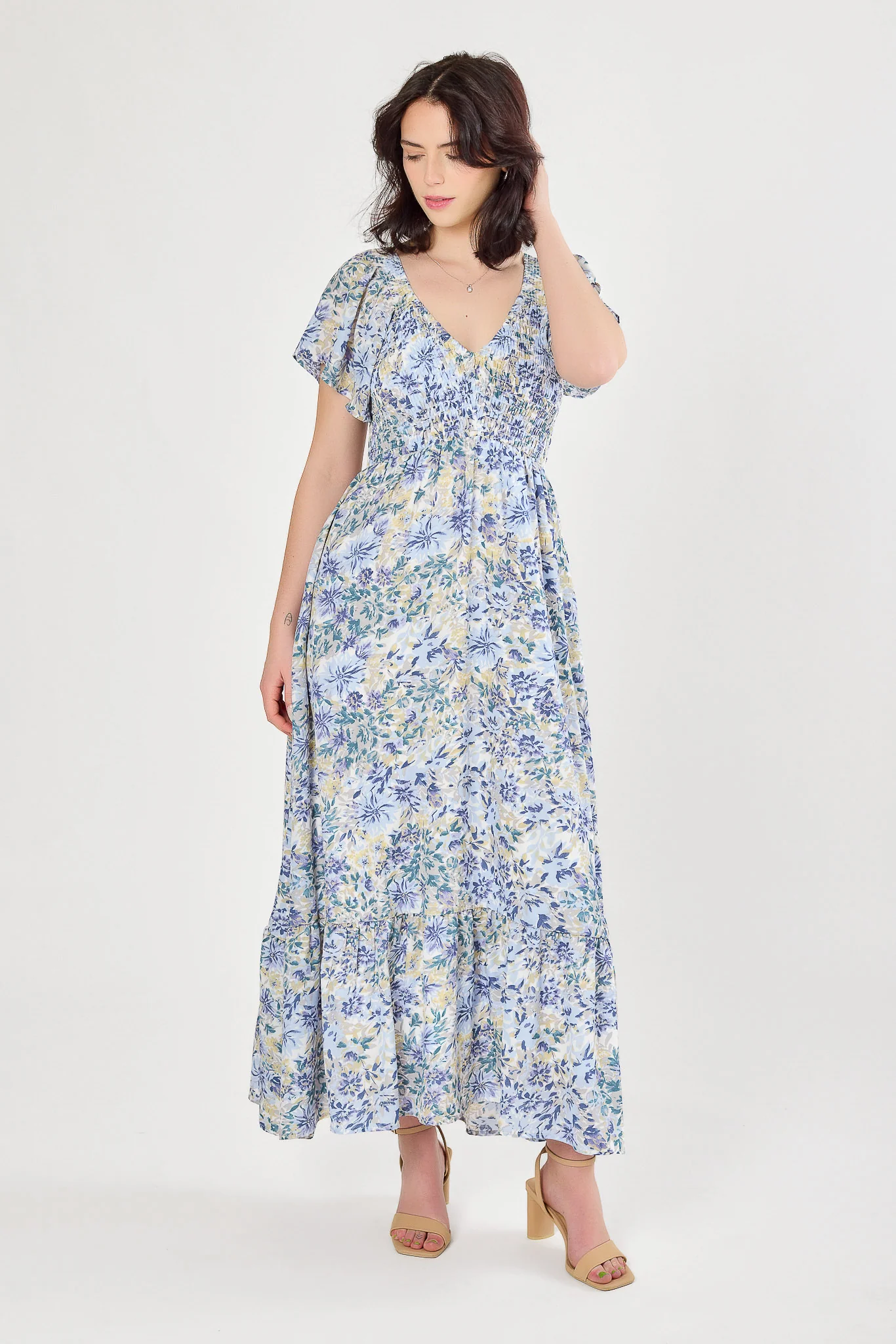 Floral Flutter-Sleeve V-Neck Maxi Dress with Smocked Bust