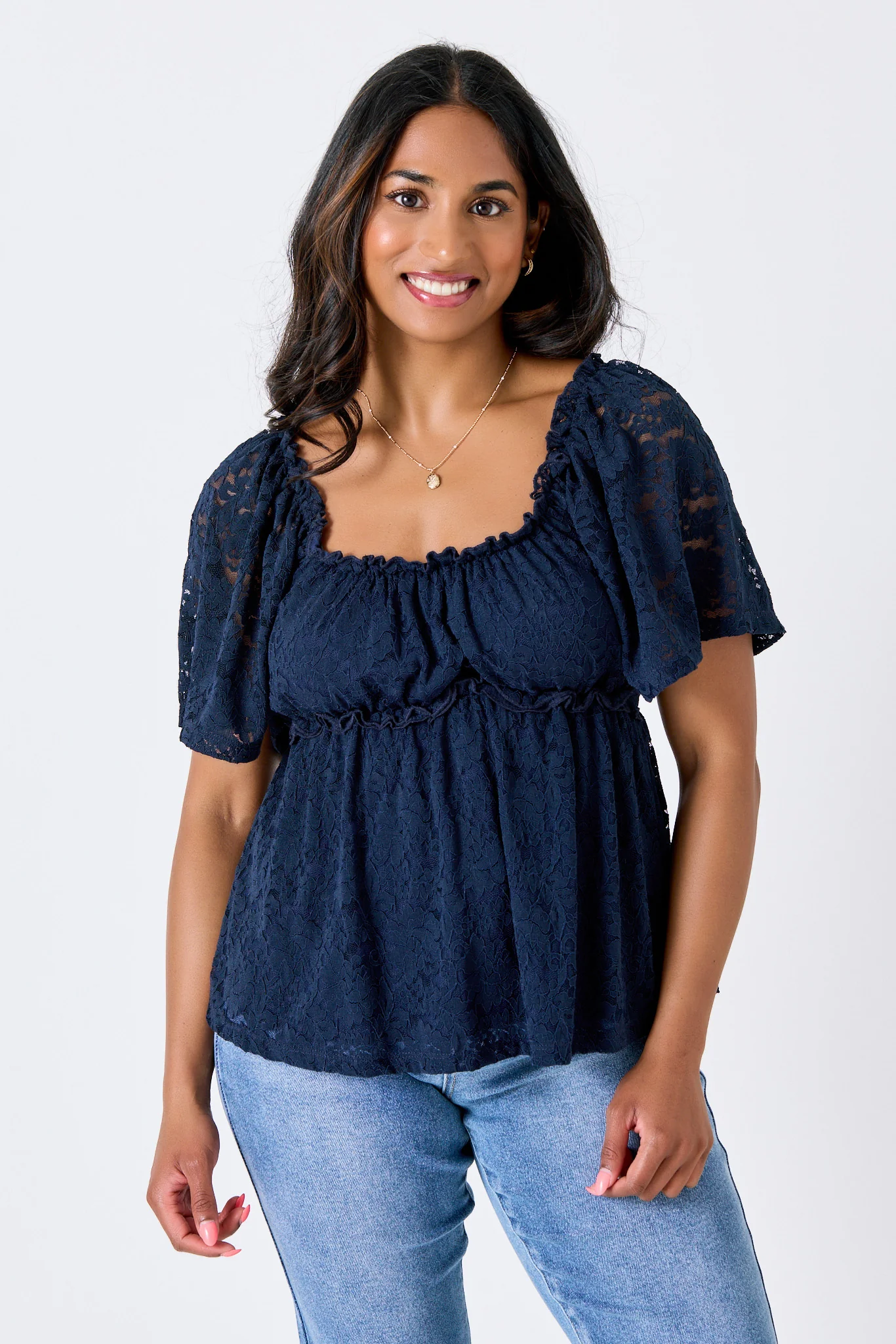 Floral Lace Flutter-Sleeve Babydoll Top - Image 3