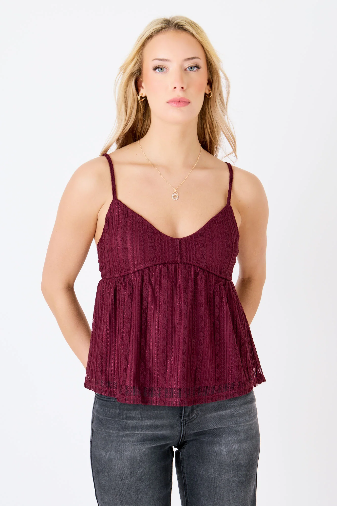 Floral Lace Spaghetti-Strap Babydoll Top - Image 5
