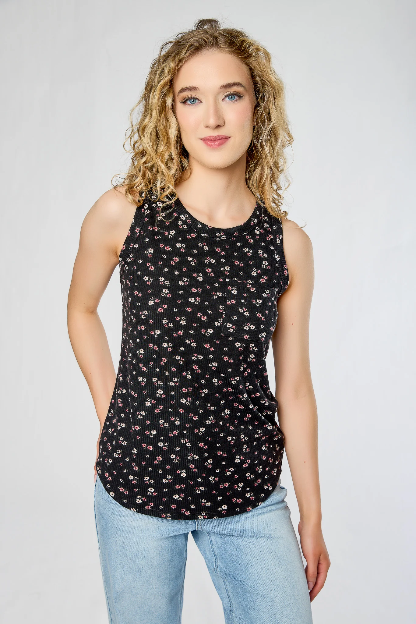 Floral Ribbed Crew-Neck Sleeveless Tank with Pocket - Image 3