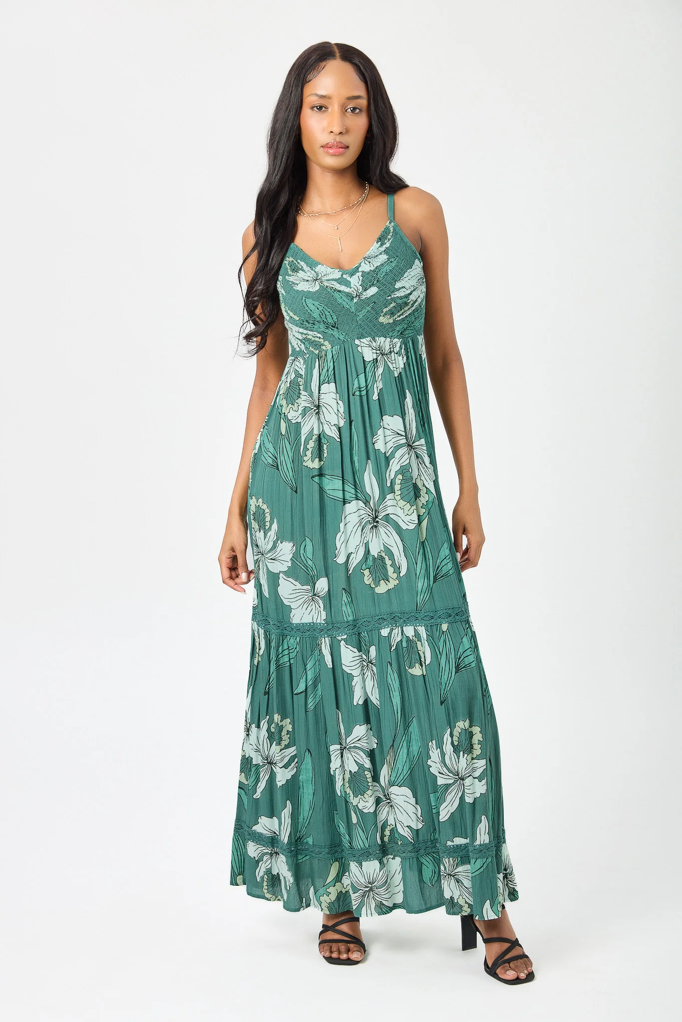 Floral Smocked Maxi Dress with Crochet Trim