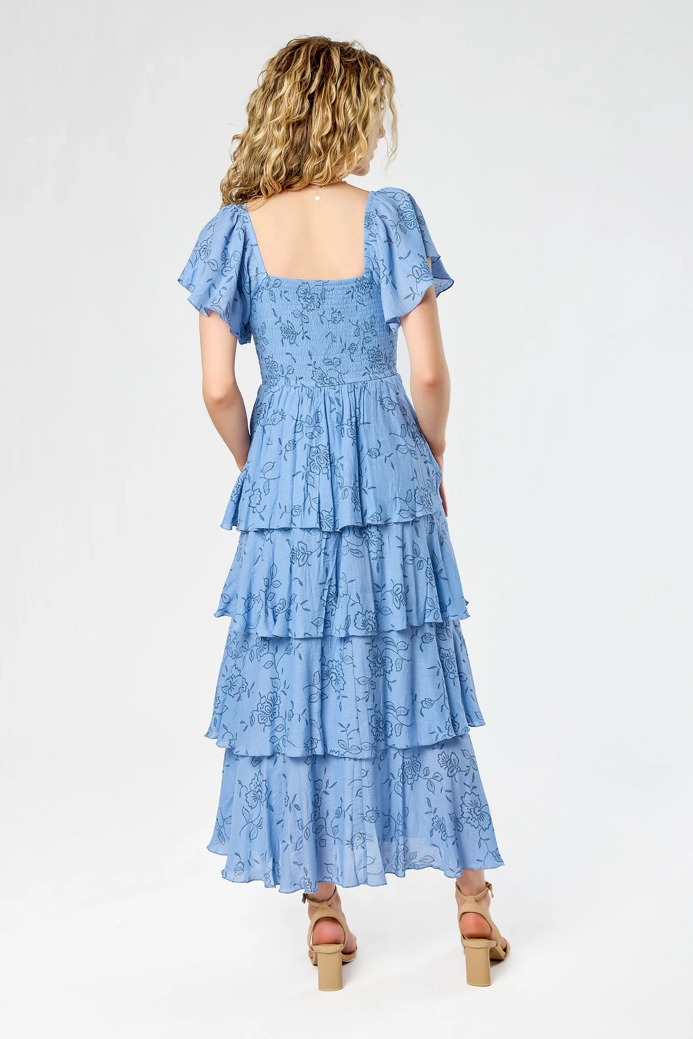 Floral Smocked Square-Neck Flutter-Sleeve Maxi Dress with Layered Tiered Skirt - Image 3