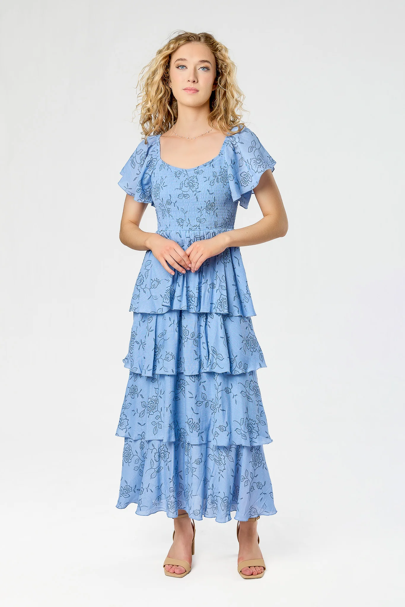 Floral Smocked Square-Neck Flutter-Sleeve Maxi Dress with Layered Tiered Skirt - Image 5