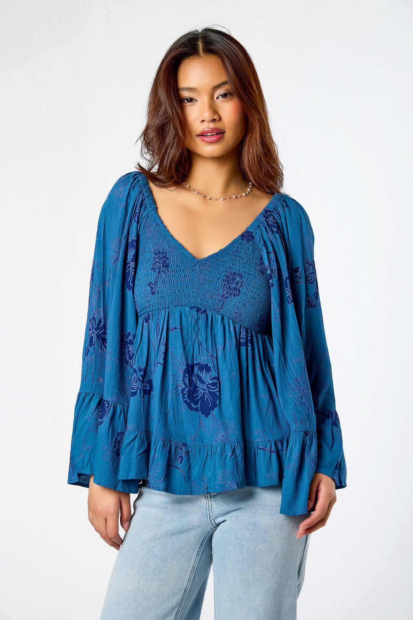 Floral Smocked V-Neck Bell-Sleeve Babydoll Top - Image 3