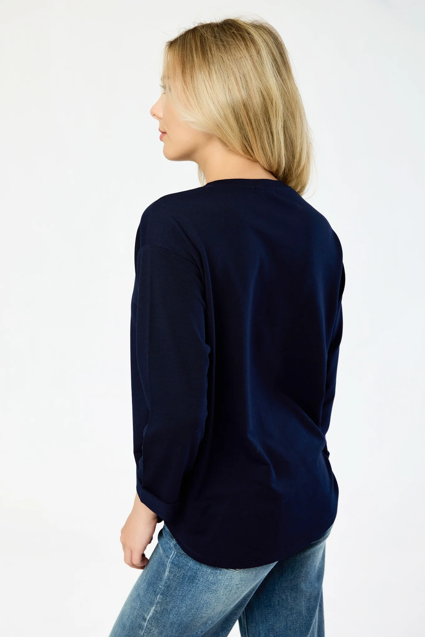 French Terry Crew-Neck 3/4 Sleeve Sweatshirt with Side Slits - Image 10