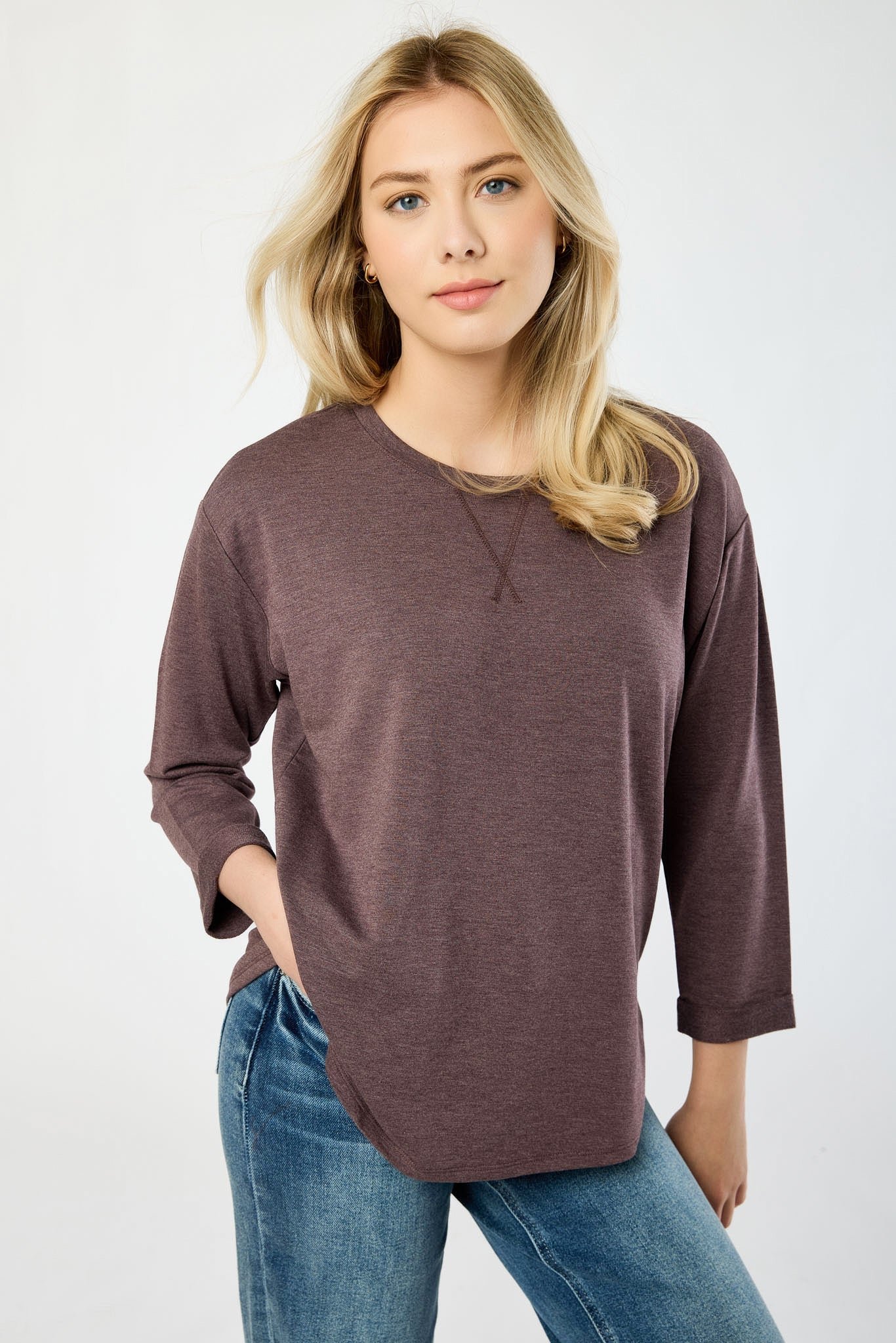 French Terry Crew-Neck 3/4 Sleeve Sweatshirt with Side Slits - Image 3