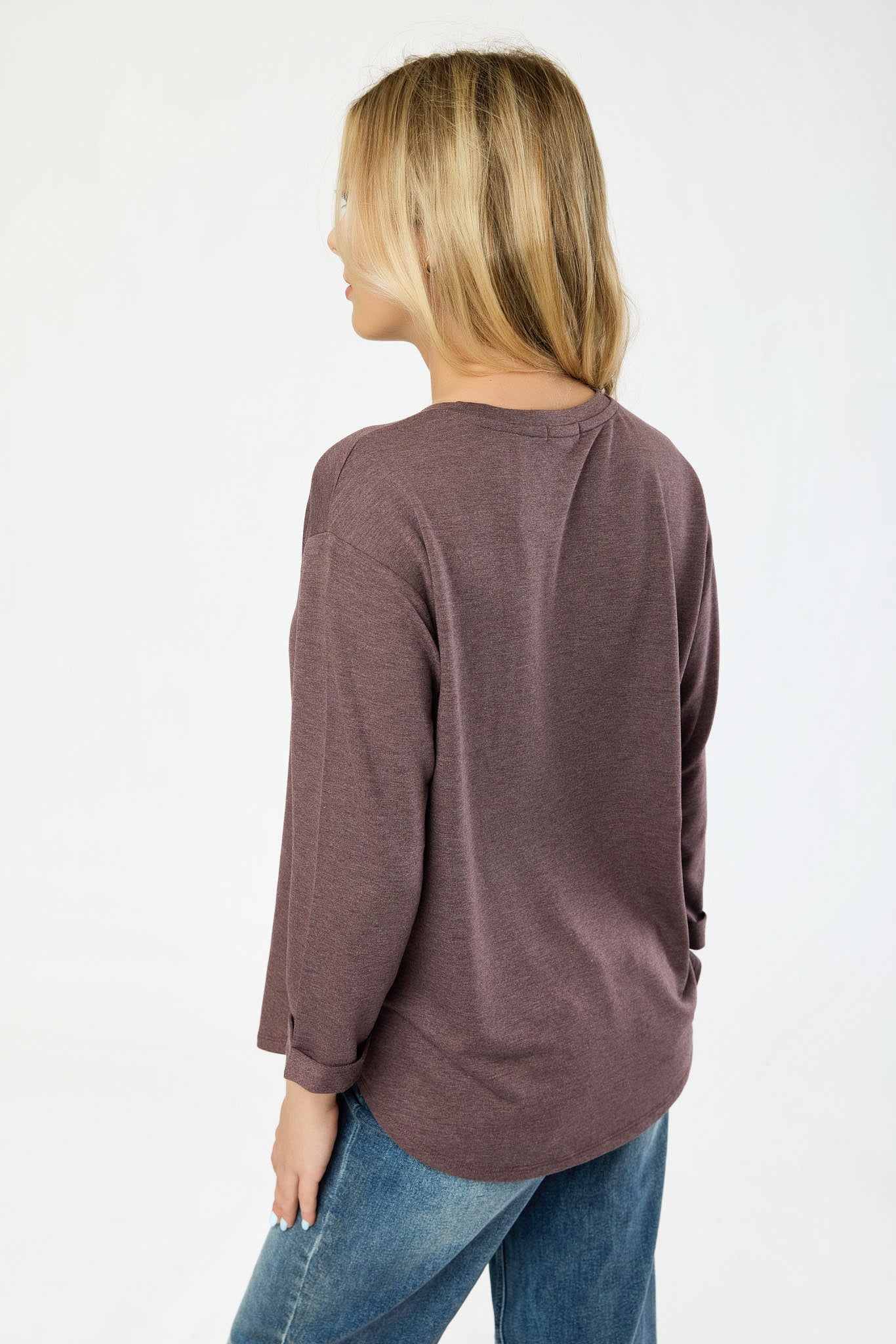 French Terry Crew-Neck 3/4 Sleeve Sweatshirt with Side Slits - Image 4
