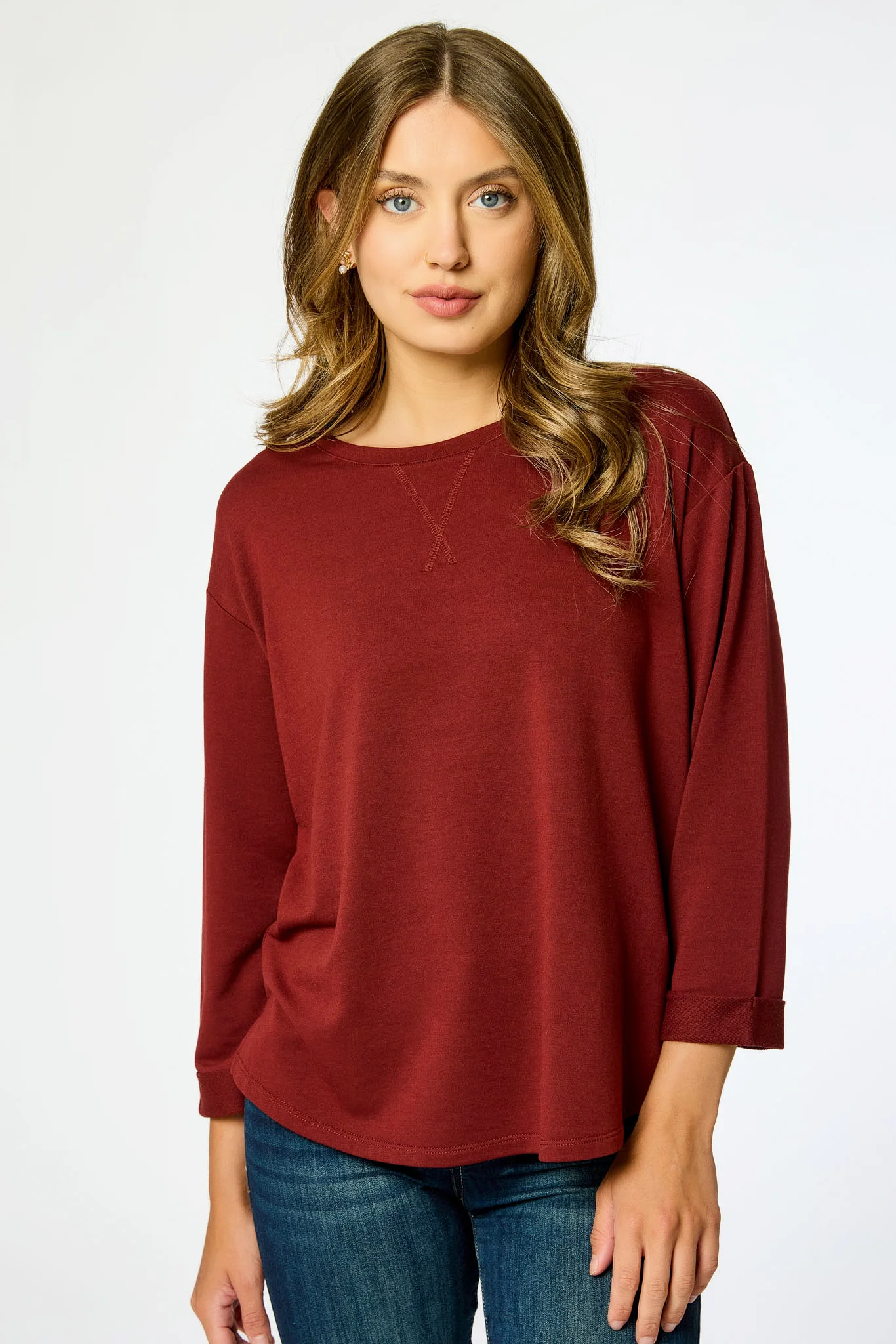 French Terry Crew-Neck 3/4 Sleeve Sweatshirt with Side Slits - Image 5