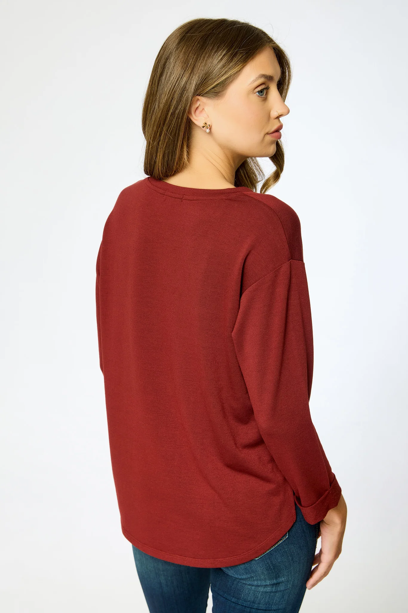French Terry Crew-Neck 3/4 Sleeve Sweatshirt with Side Slits - Image 6