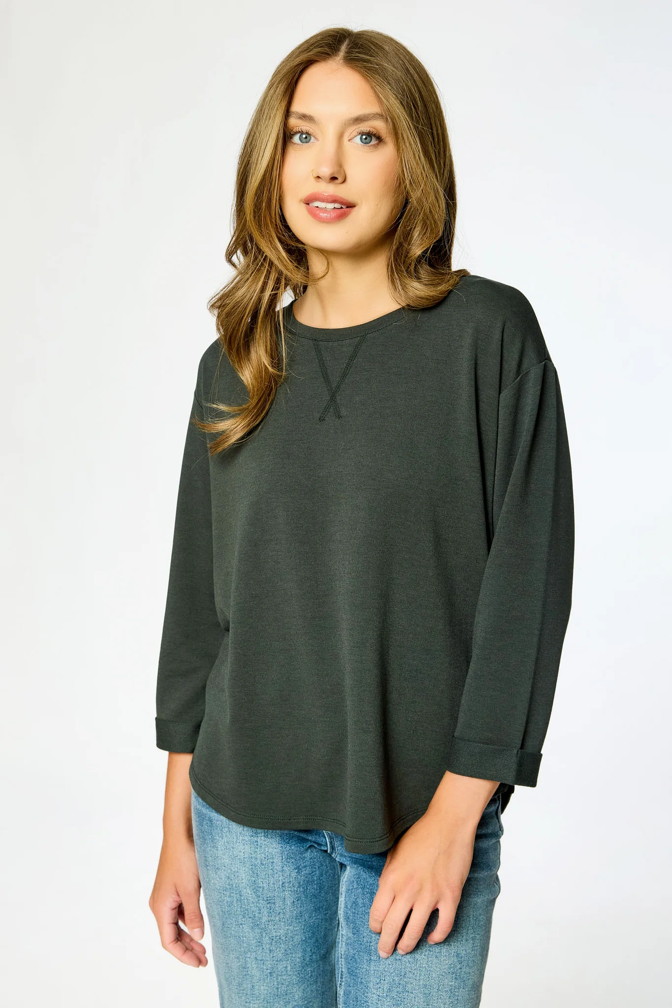 French Terry Crew-Neck 3/4 Sleeve Sweatshirt with Side Slits - Image 7